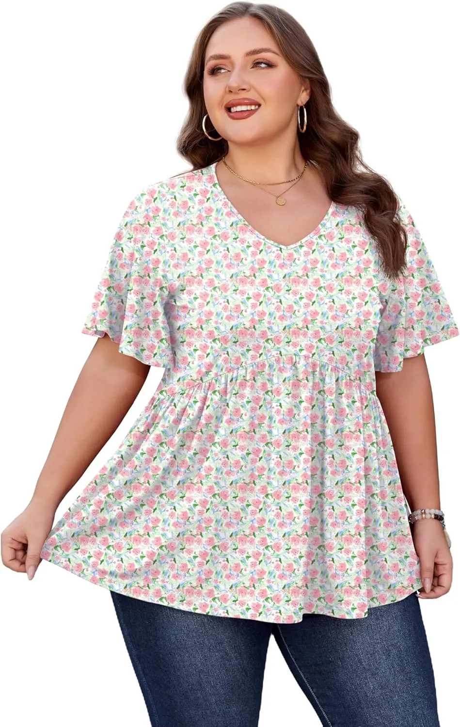 SHIJIALI Womens Plus Size Tops Flutter Sleeve Tunic Empire Waist V Neck Shirts Dressy Blouse