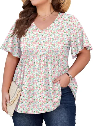 SHIJIALI Womens Plus Size Tops Flutter Sleeve Tunic Empire Waist V Neck Shirts Dressy Blouse