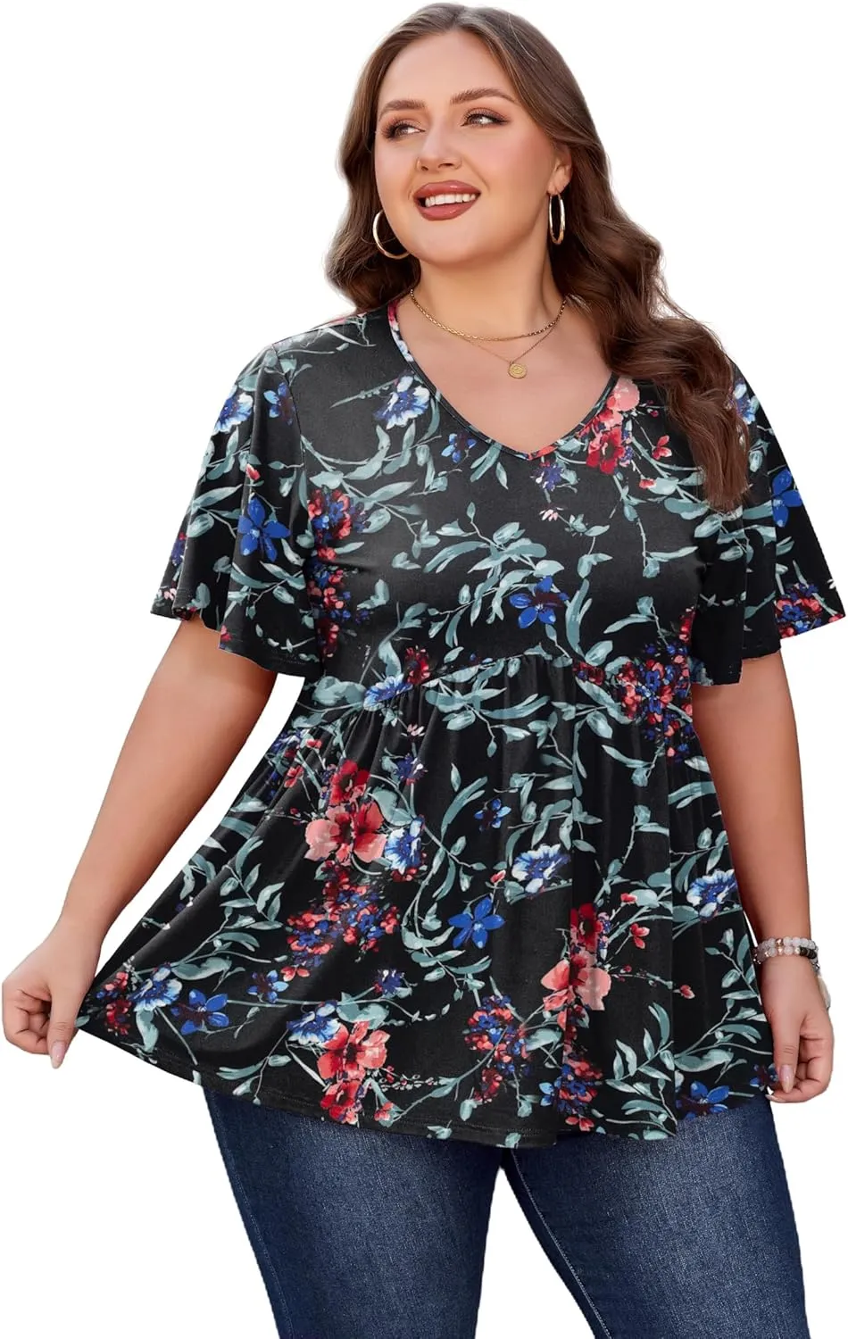 SHIJIALI Womens Plus Size Tops Flutter Sleeve Tunic Empire Waist V Neck Shirts Dressy Blouse