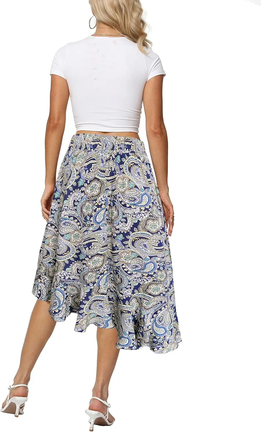 Sinono Women's Boho Floral Print High Waist High Low Asymmetric Split Ruffle Hem Midi Skirt