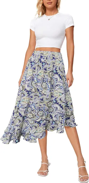 Sinono Women's Boho Floral Print High Waist High Low Asymmetric Split Ruffle Hem Midi Skirt
