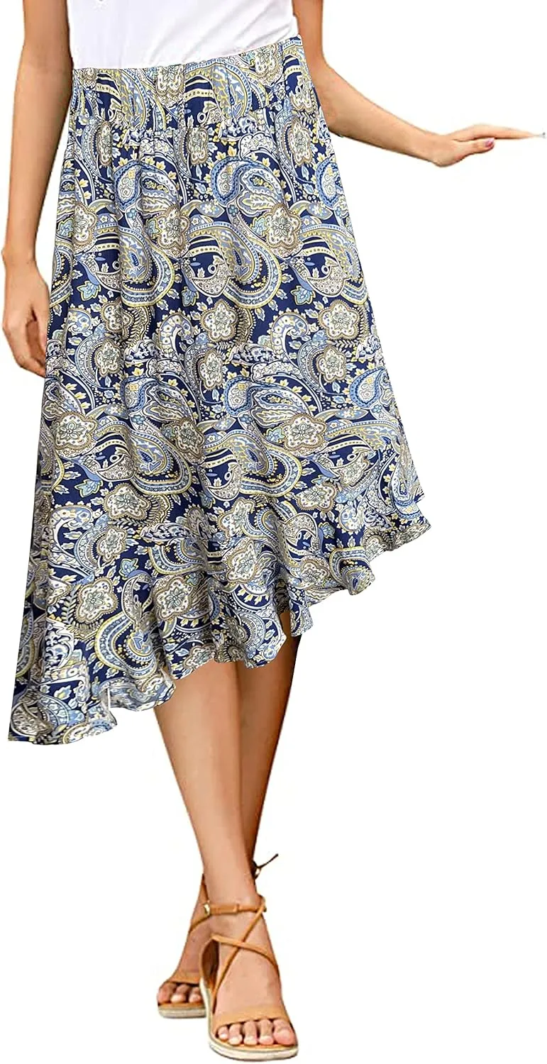 Sinono Women's Boho Floral Print High Waist High Low Asymmetric Split Ruffle Hem Midi Skirt
