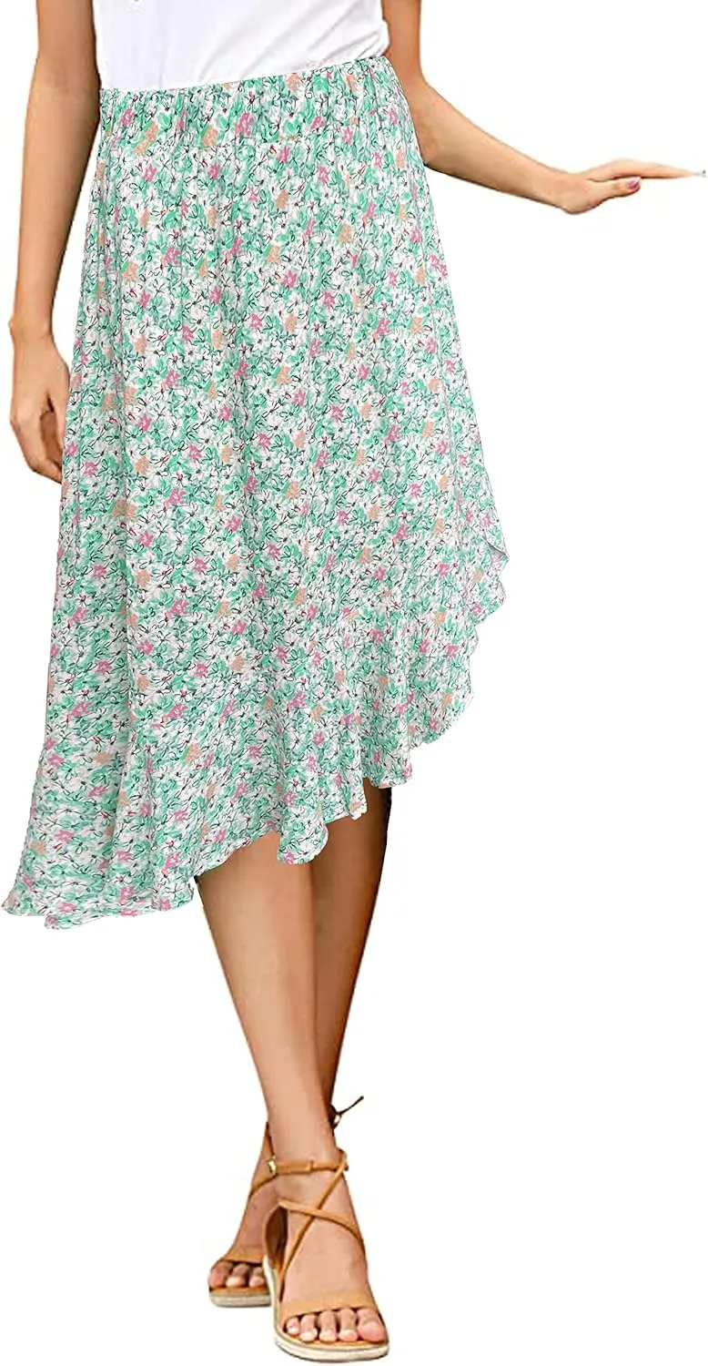 Sinono Women's Boho Floral Print High Waist High Low Asymmetric Split Ruffle Hem Midi Skirt