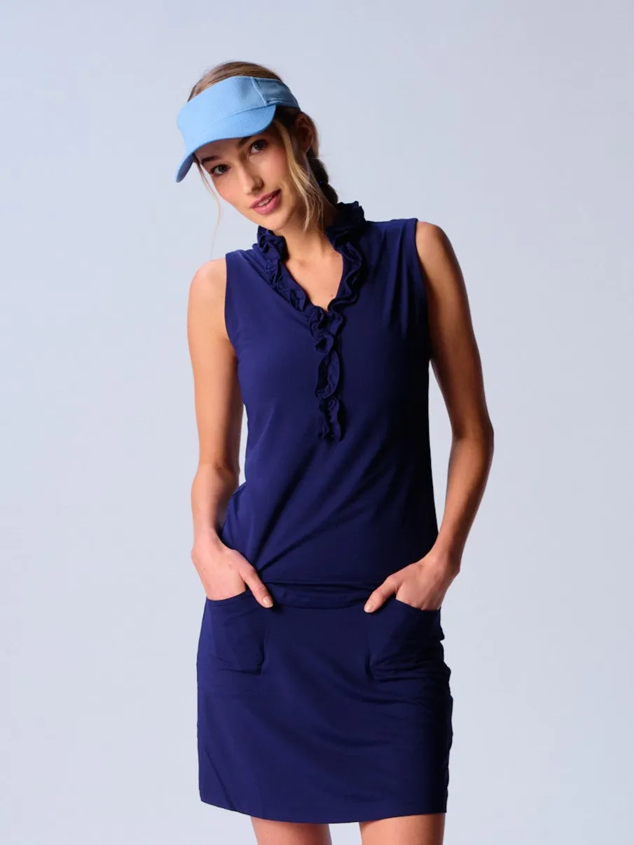 Sleeveless Ruffle Top In True Navy