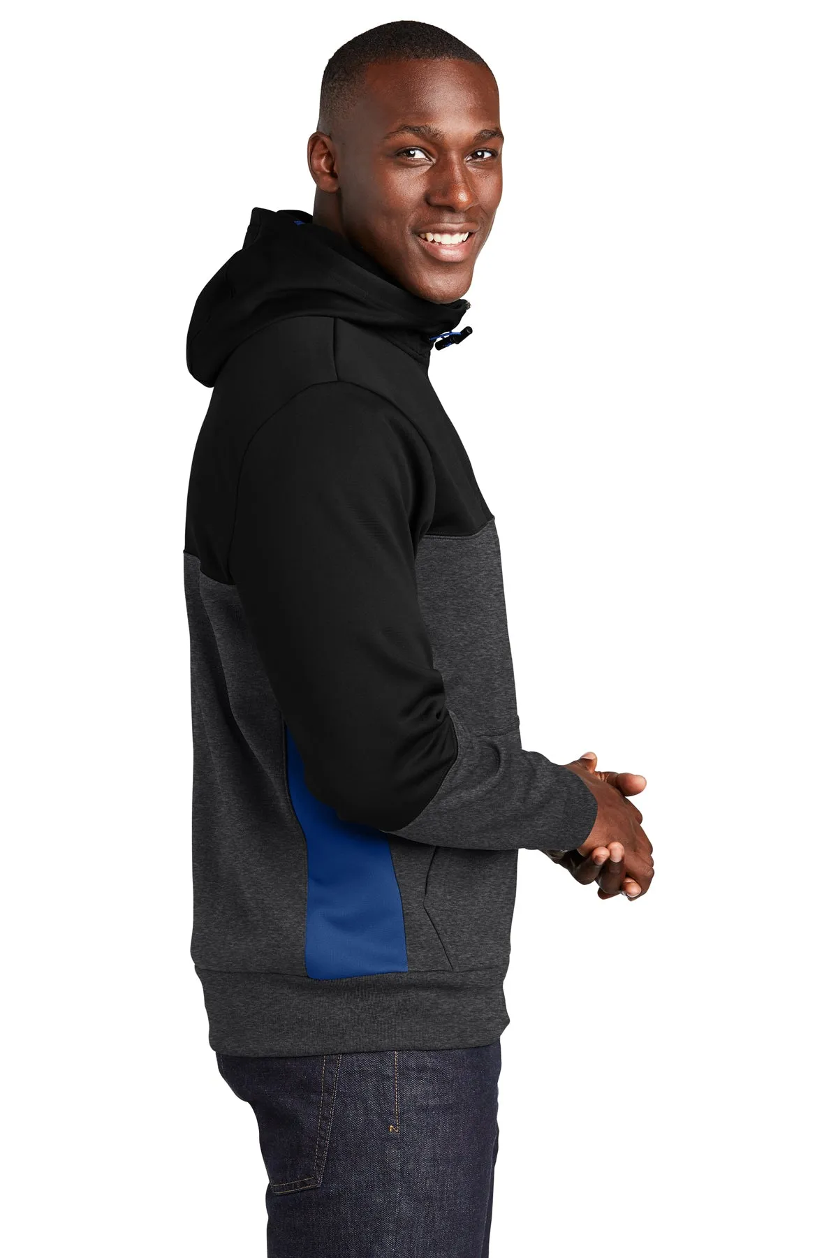 Sport-Tek Tech Fleece Colorblock Branded Full-Zip Hooded Jackets, Black/ Graphite Heather/ True Royal