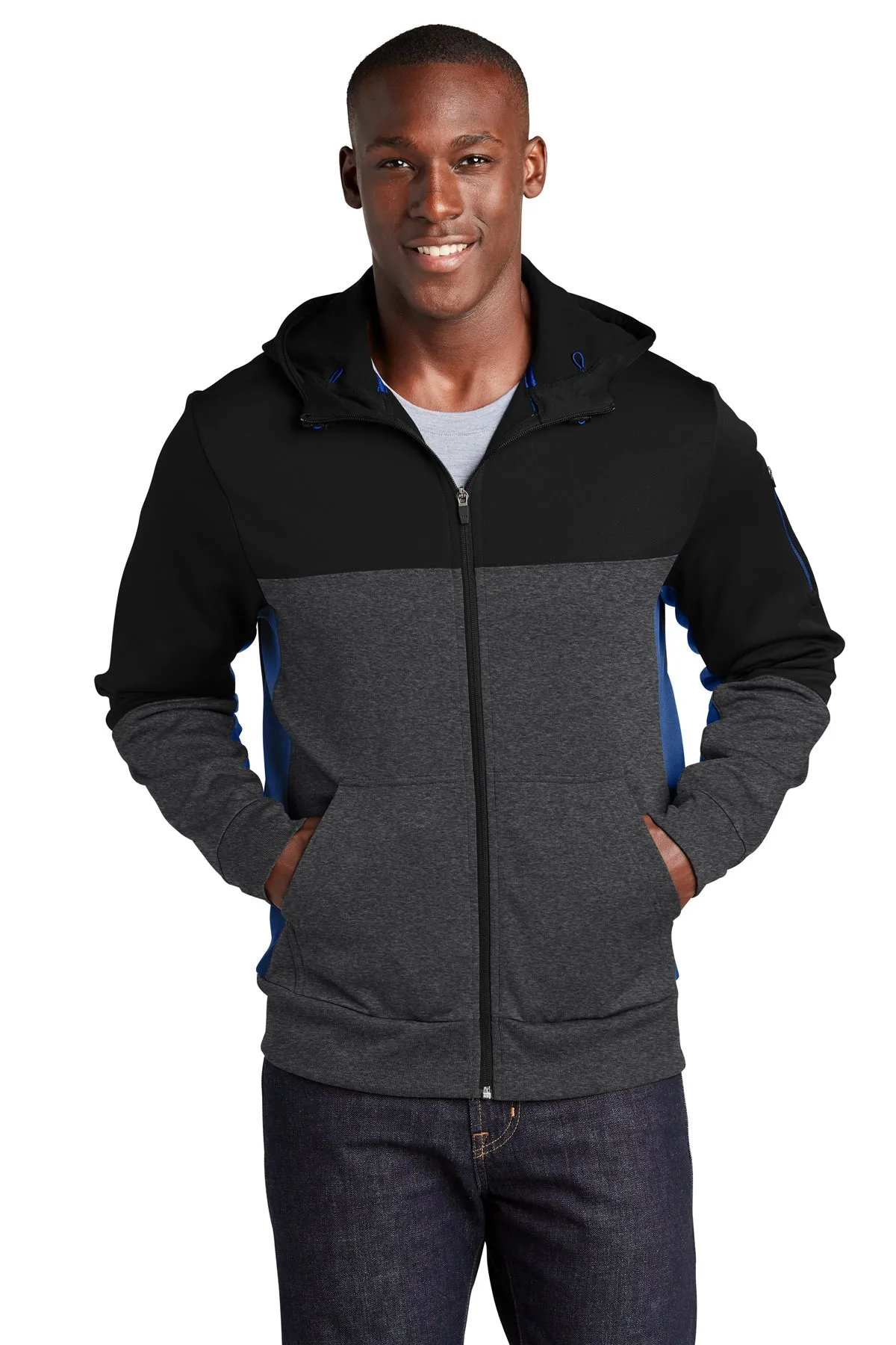 Sport-Tek Tech Fleece Colorblock Branded Full-Zip Hooded Jackets, Black/ Graphite Heather/ True Royal