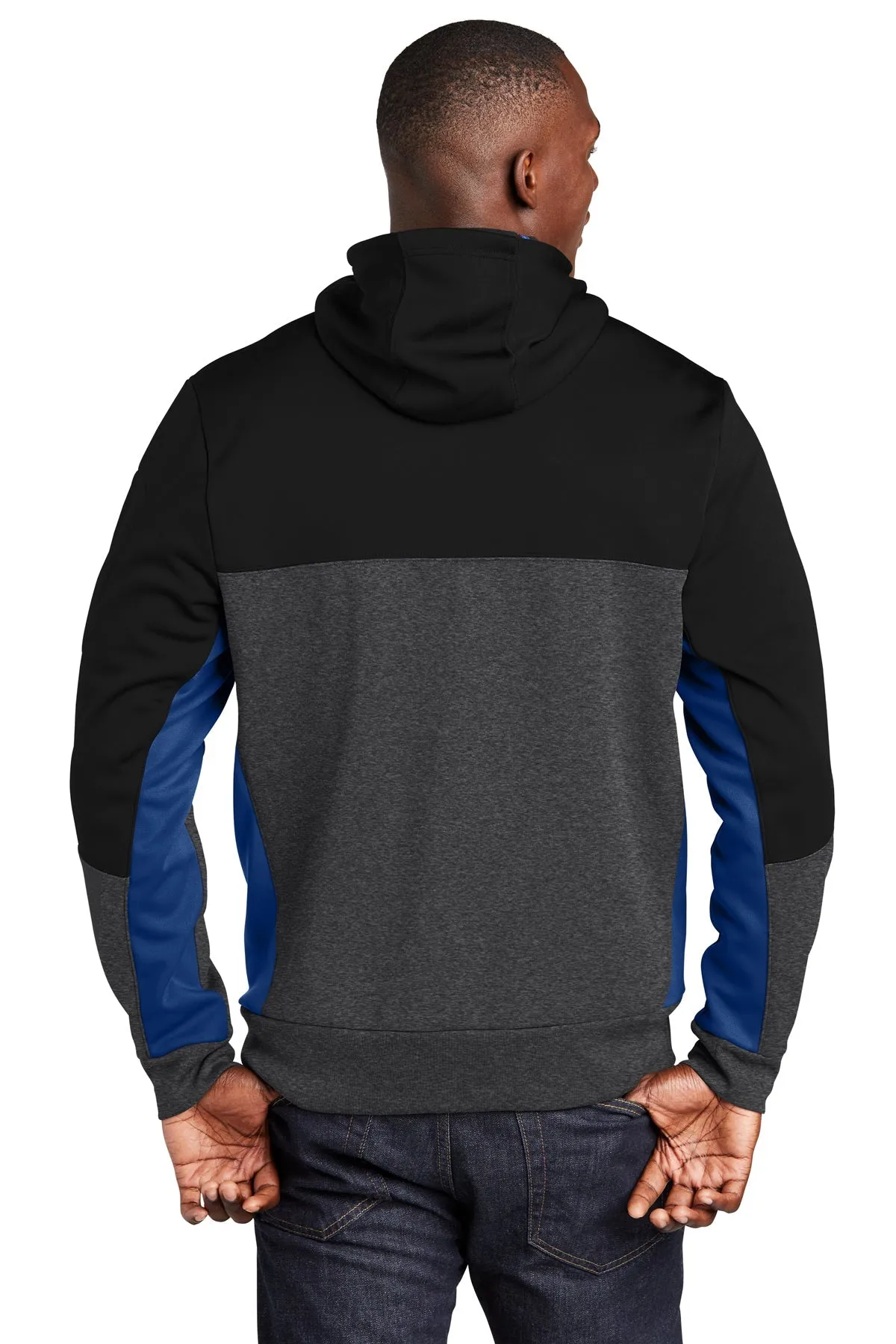 Sport-Tek Tech Fleece Colorblock Branded Full-Zip Hooded Jackets, Black/ Graphite Heather/ True Royal