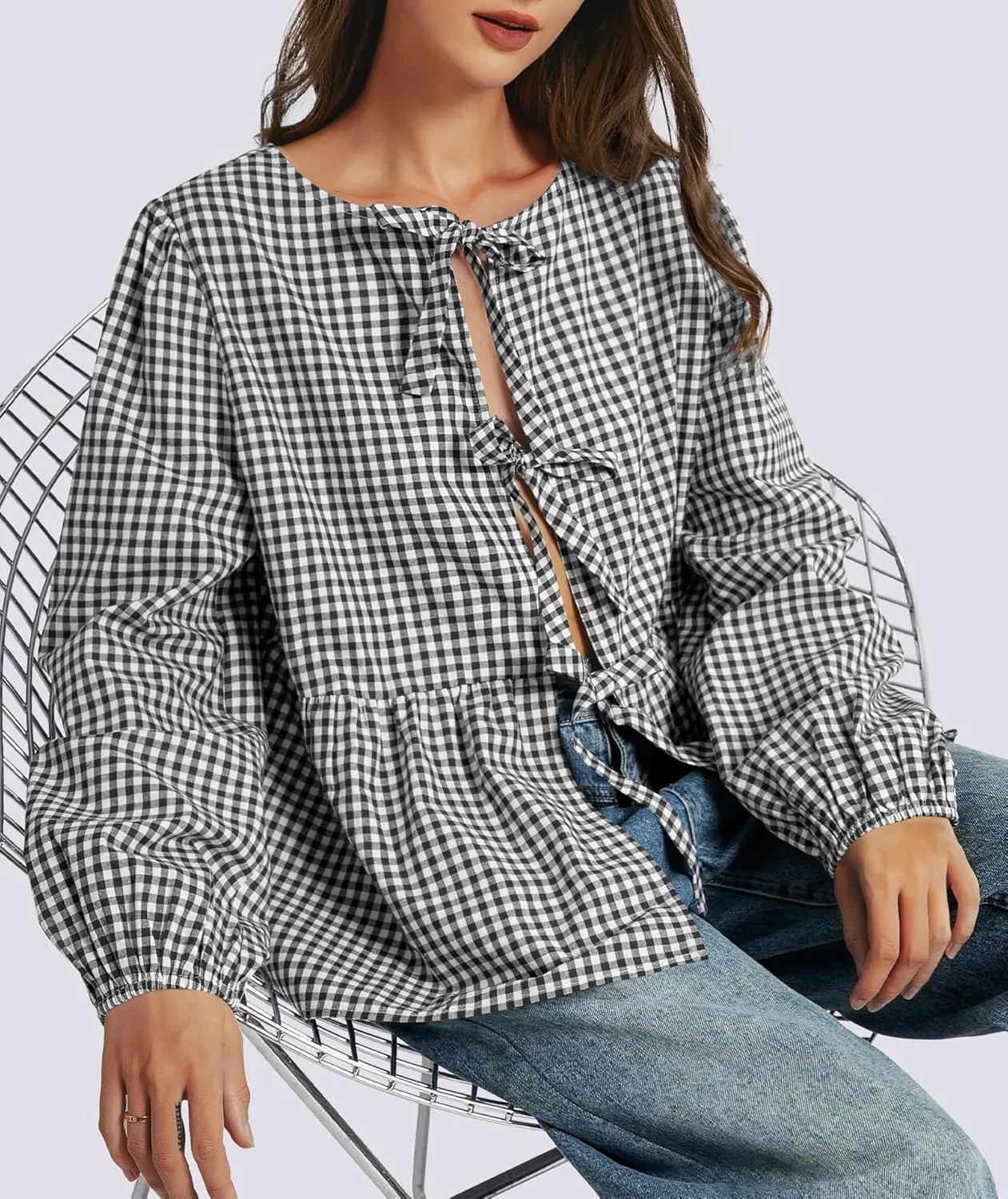 Tie Front Tops for Women Puff Long Sleeve Shirt Peplum Hem Cute Babydoll Blouse Y2k Going Out Tops