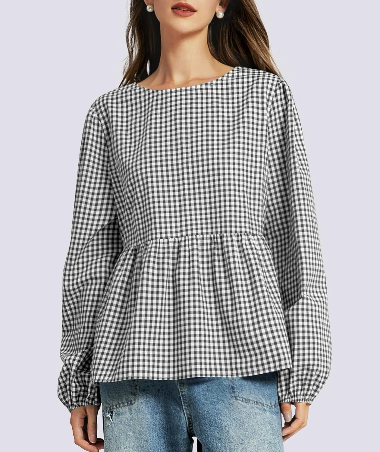 Tie Front Tops for Women Puff Long Sleeve Shirt Peplum Hem Cute Babydoll Blouse Y2k Going Out Tops