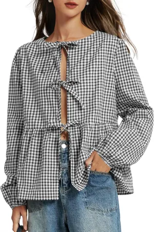 Tie Front Tops for Women Puff Long Sleeve Shirt Peplum Hem Cute Babydoll Blouse Y2k Going Out Tops