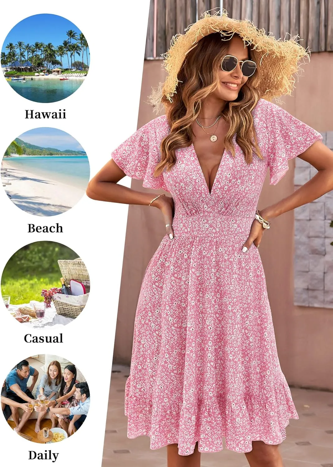 TORARY Womens Summer Dresses 2025 Floral Cap Sleeve Wrap V Neck Ruffle A-Line Sun Dress