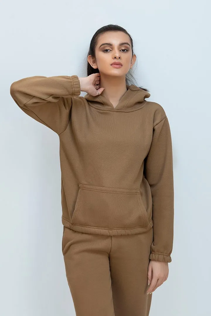Tracksuit camel Brown Crop Style with warm hoodie and pants