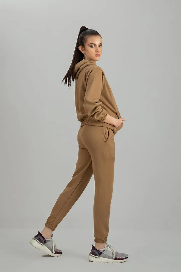 Tracksuit camel Brown Crop Style with warm hoodie and pants
