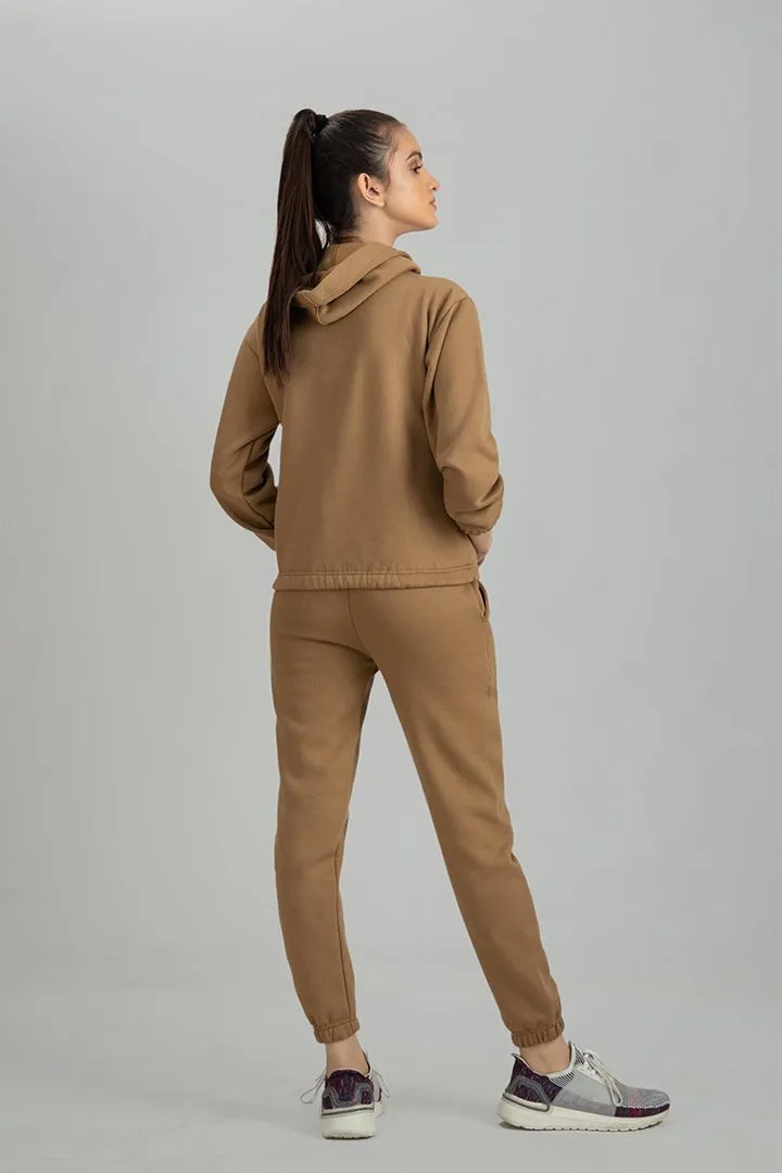Tracksuit camel Brown Crop Style with warm hoodie and pants