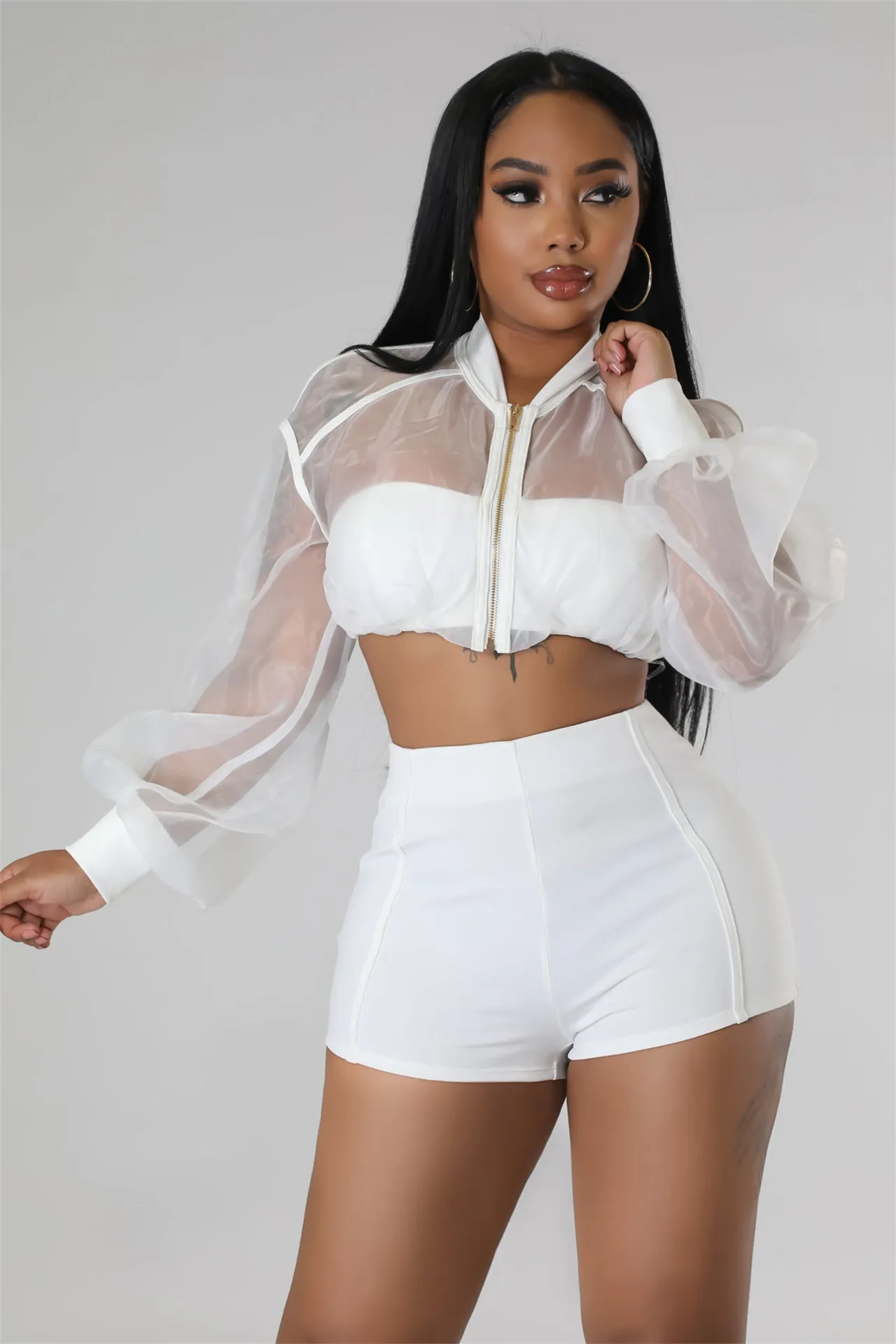 Transparent Mesh Crop Top Ladies Short Set