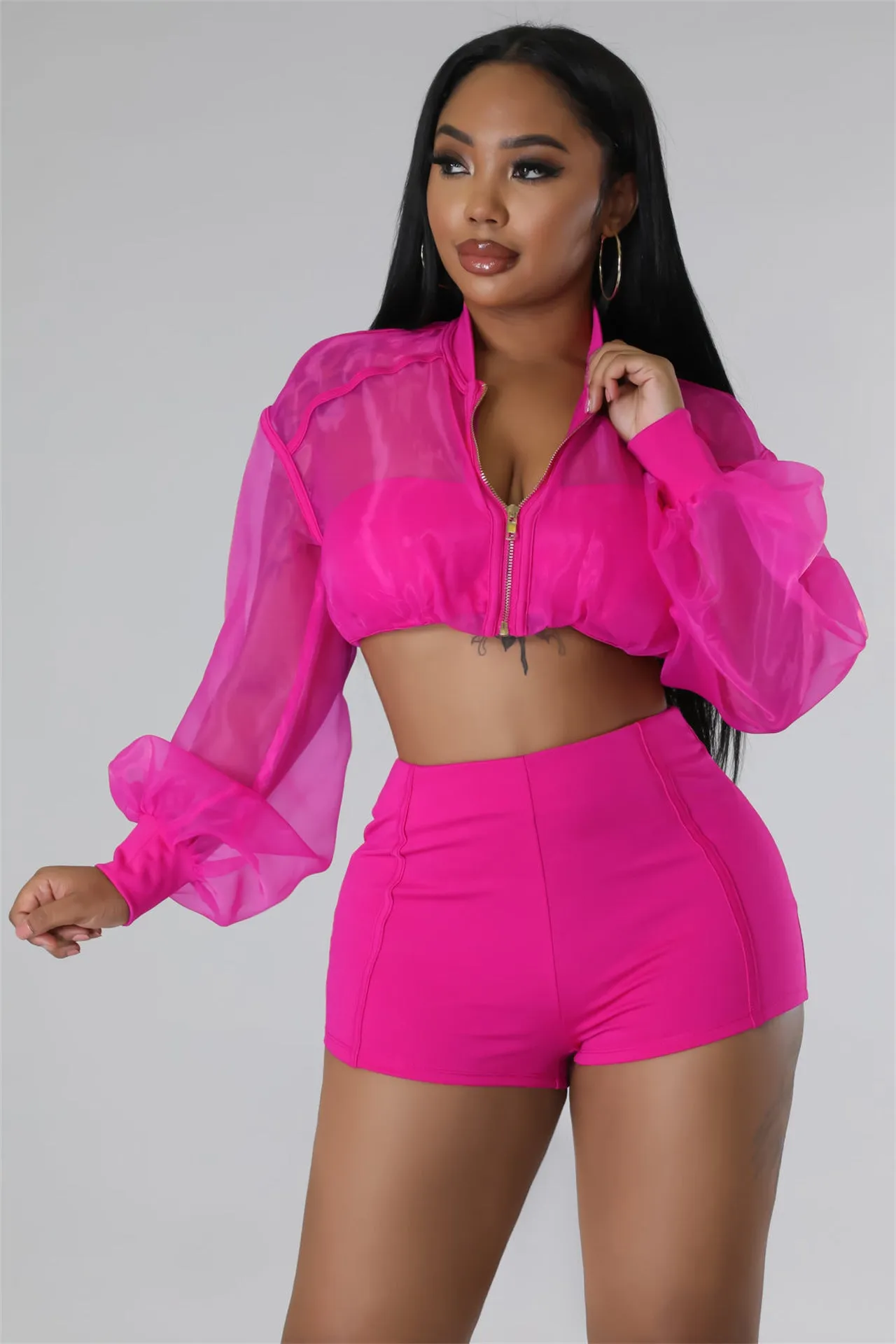 Transparent Mesh Crop Top Ladies Short Set