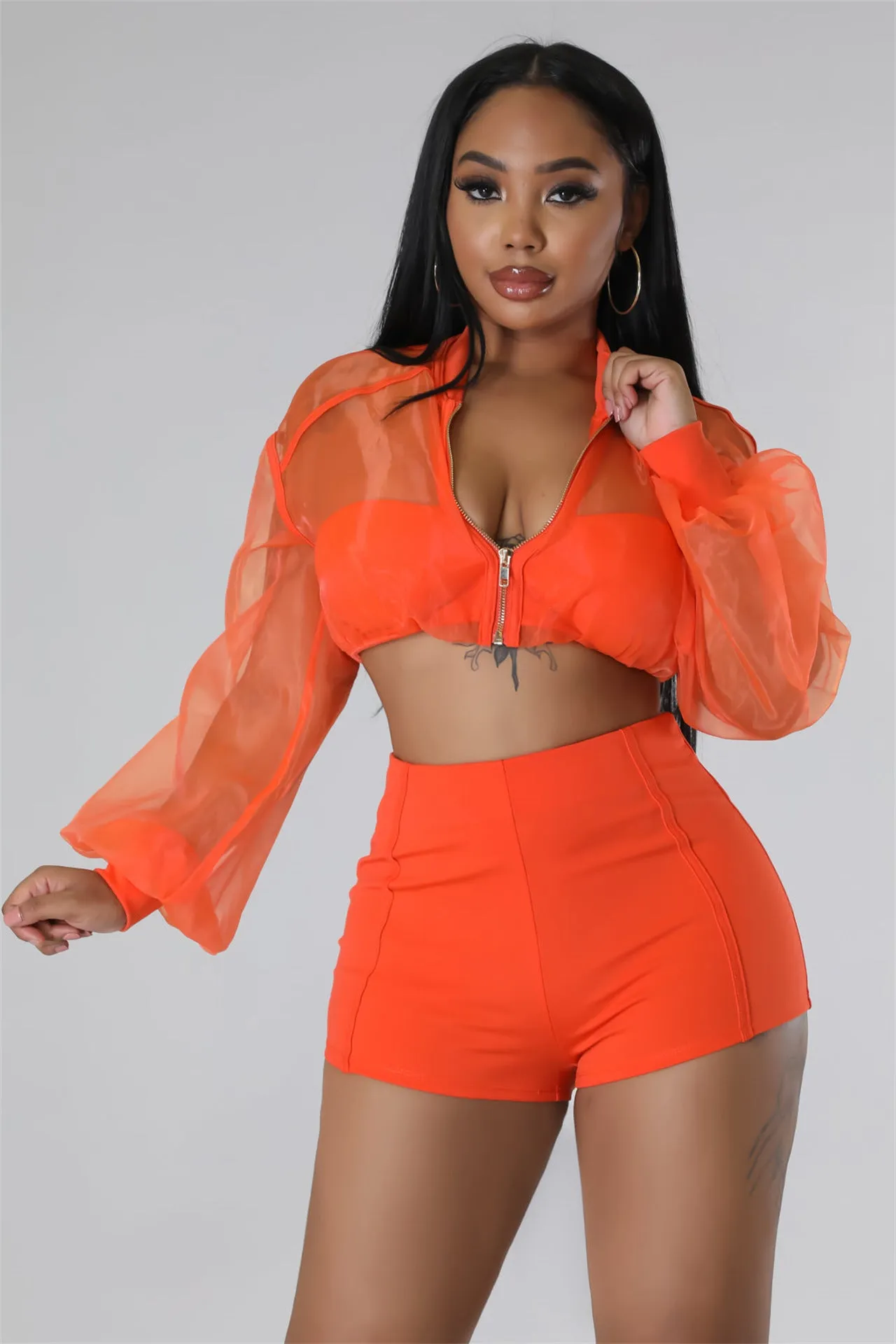 Transparent Mesh Crop Top Ladies Short Set