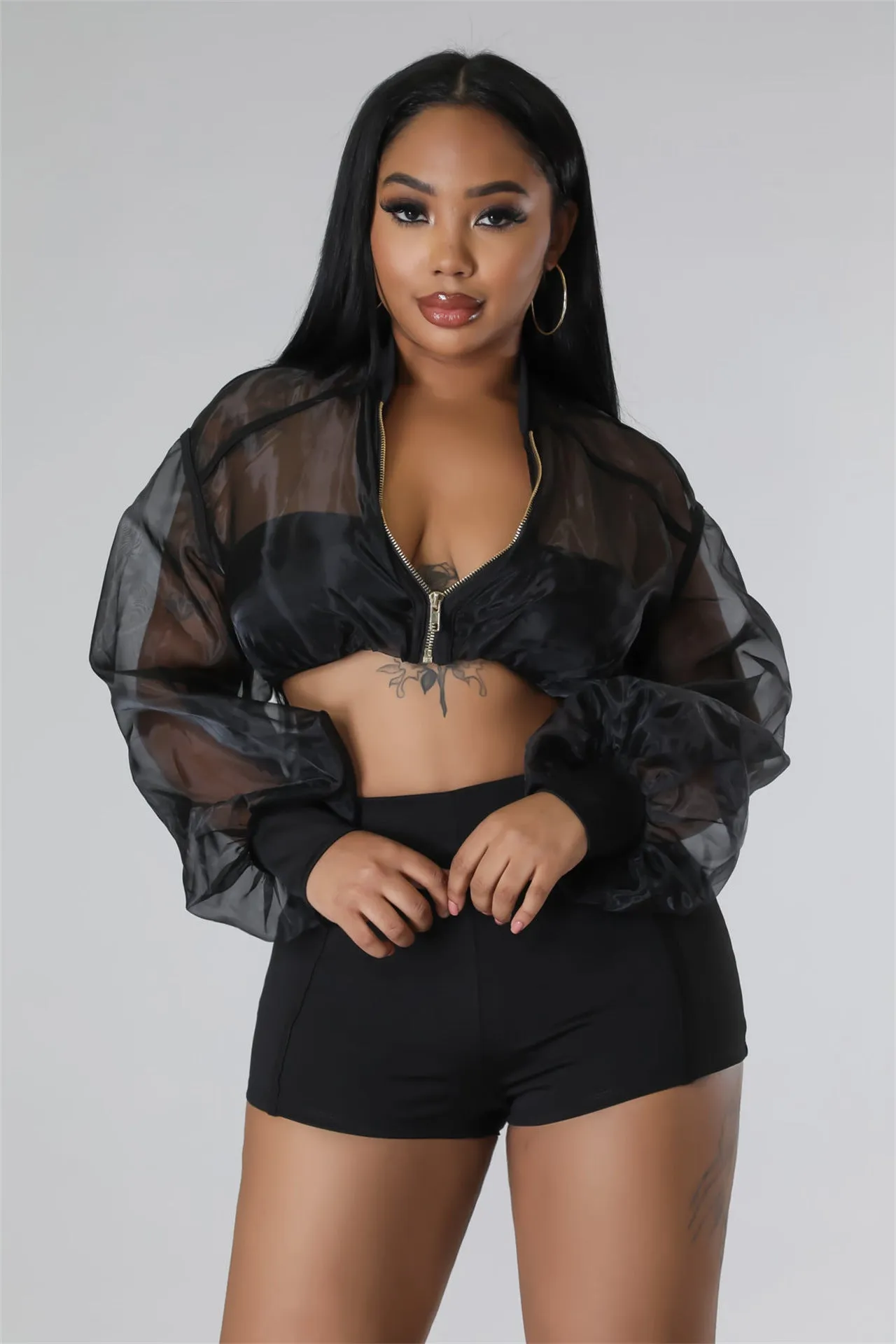 Transparent Mesh Crop Top Ladies Short Set