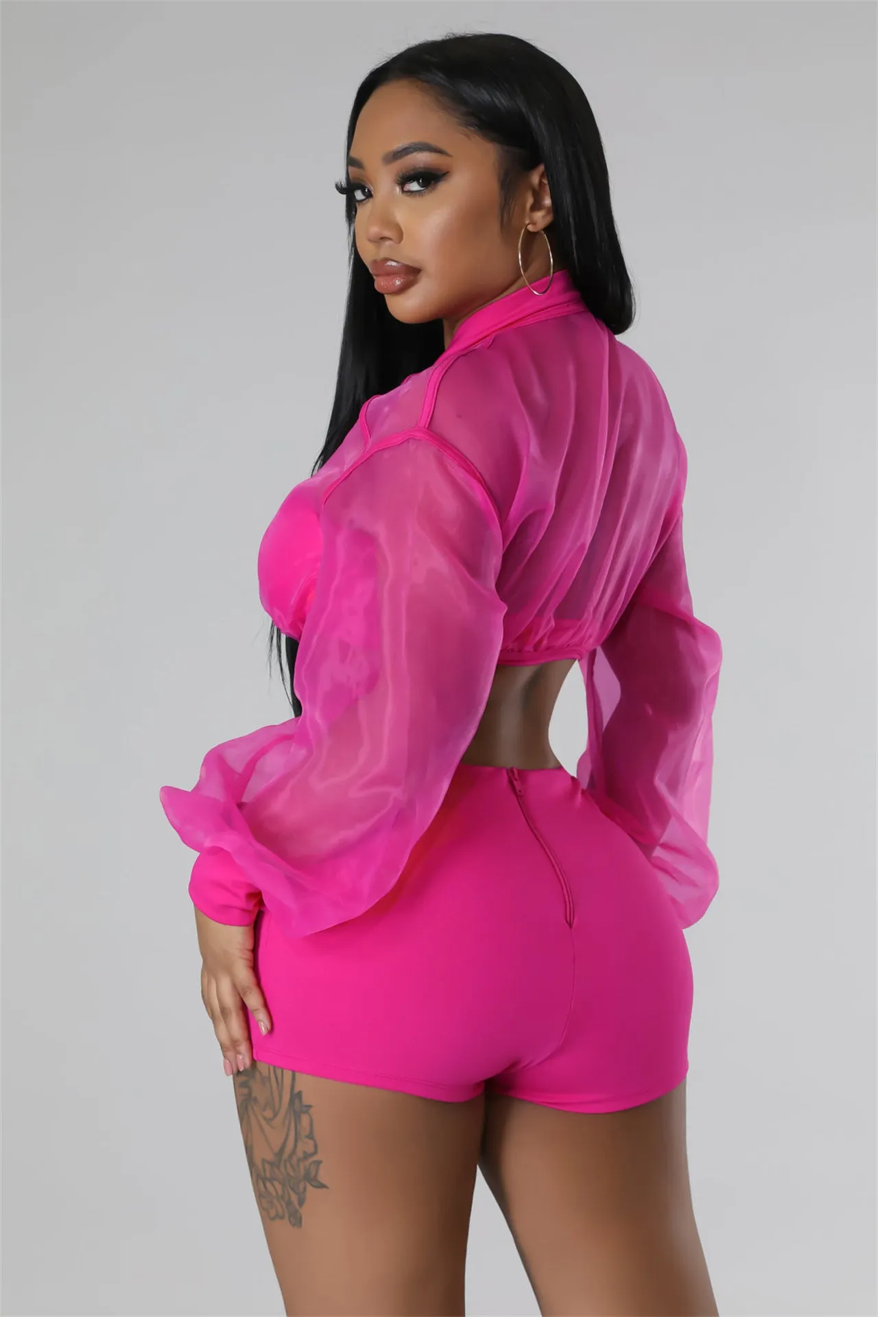 Transparent Mesh Crop Top Ladies Short Set