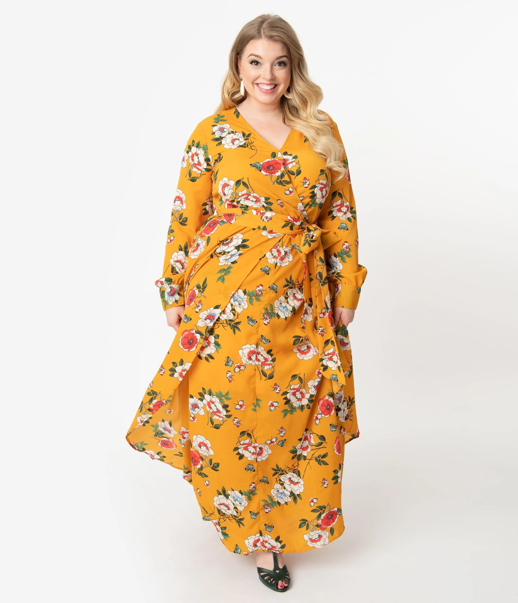 Unique Vintage Plus Size Mustard & Multicolor Floral Long Sleeve Farrah Maxi Dress