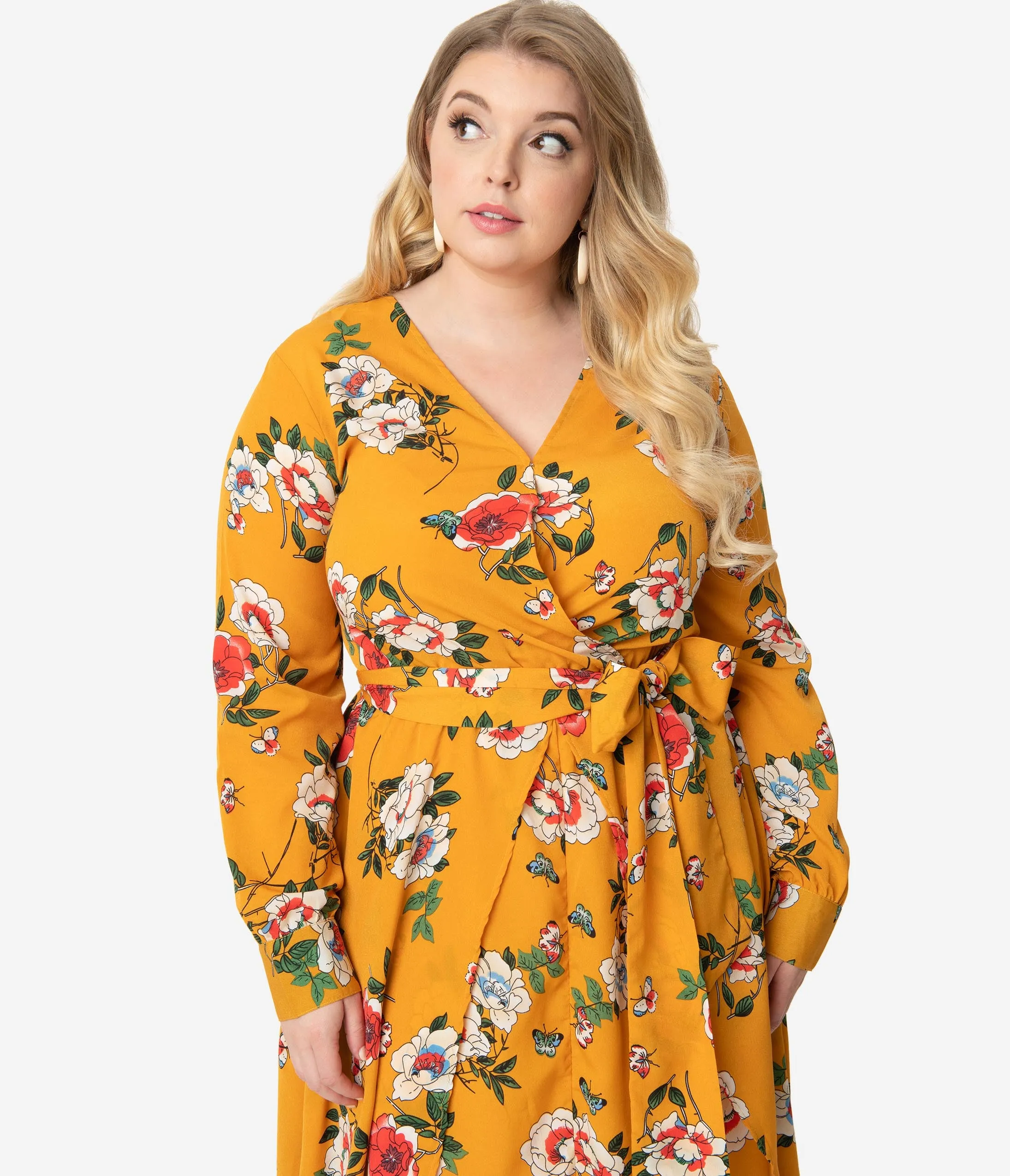 Unique Vintage Plus Size Mustard & Multicolor Floral Long Sleeve Farrah Maxi Dress