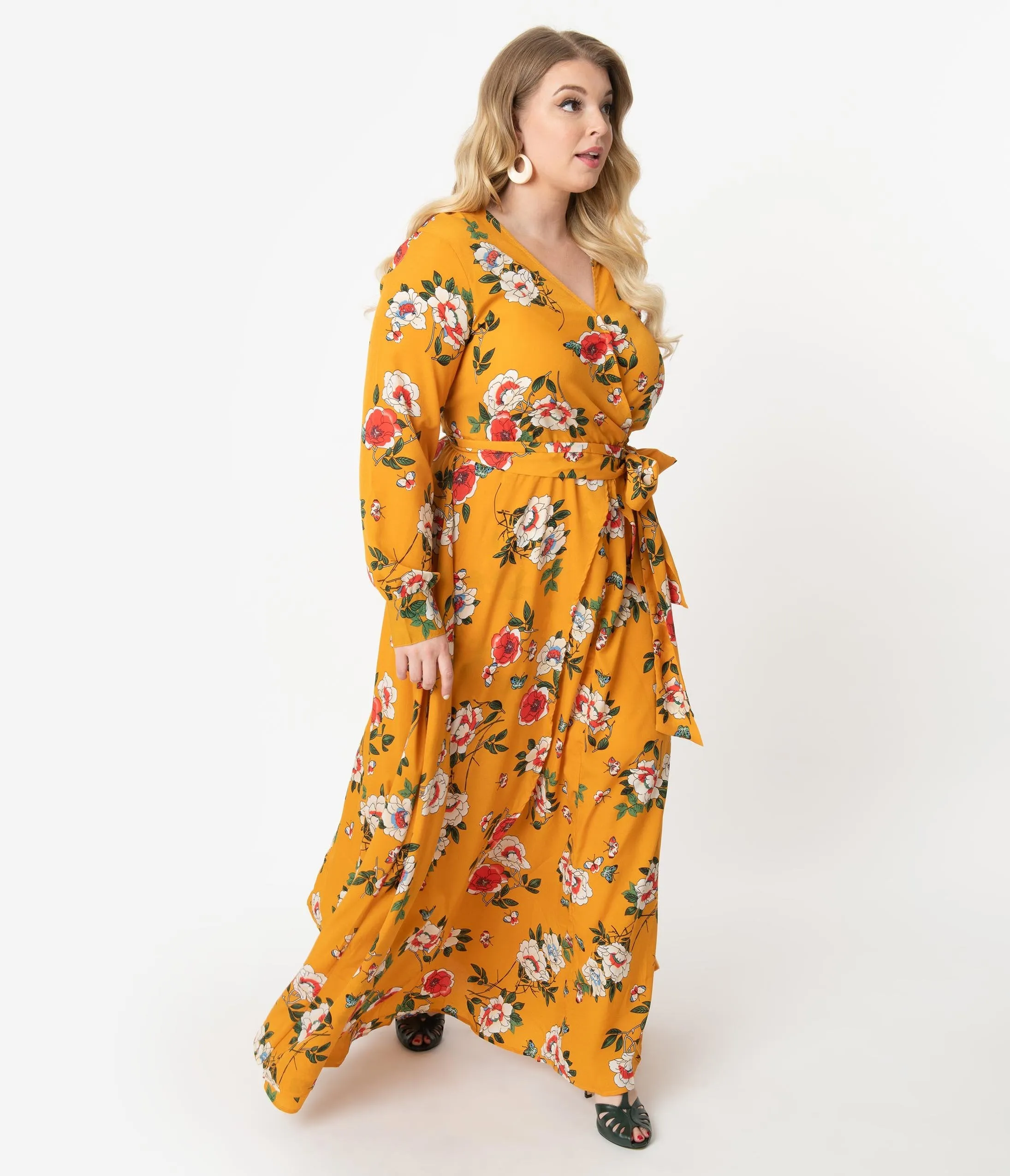 Unique Vintage Plus Size Mustard & Multicolor Floral Long Sleeve Farrah Maxi Dress