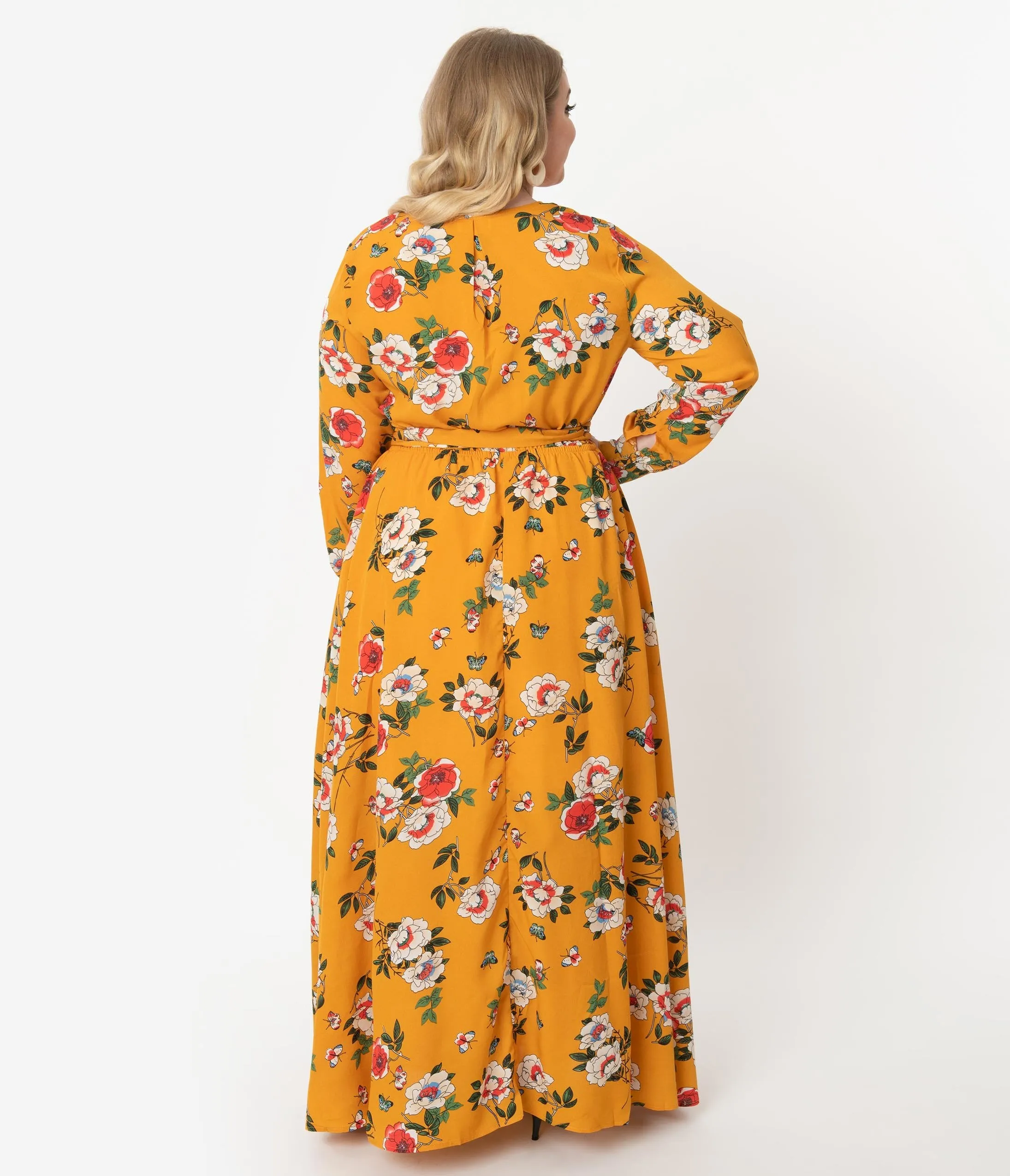 Unique Vintage Plus Size Mustard & Multicolor Floral Long Sleeve Farrah Maxi Dress
