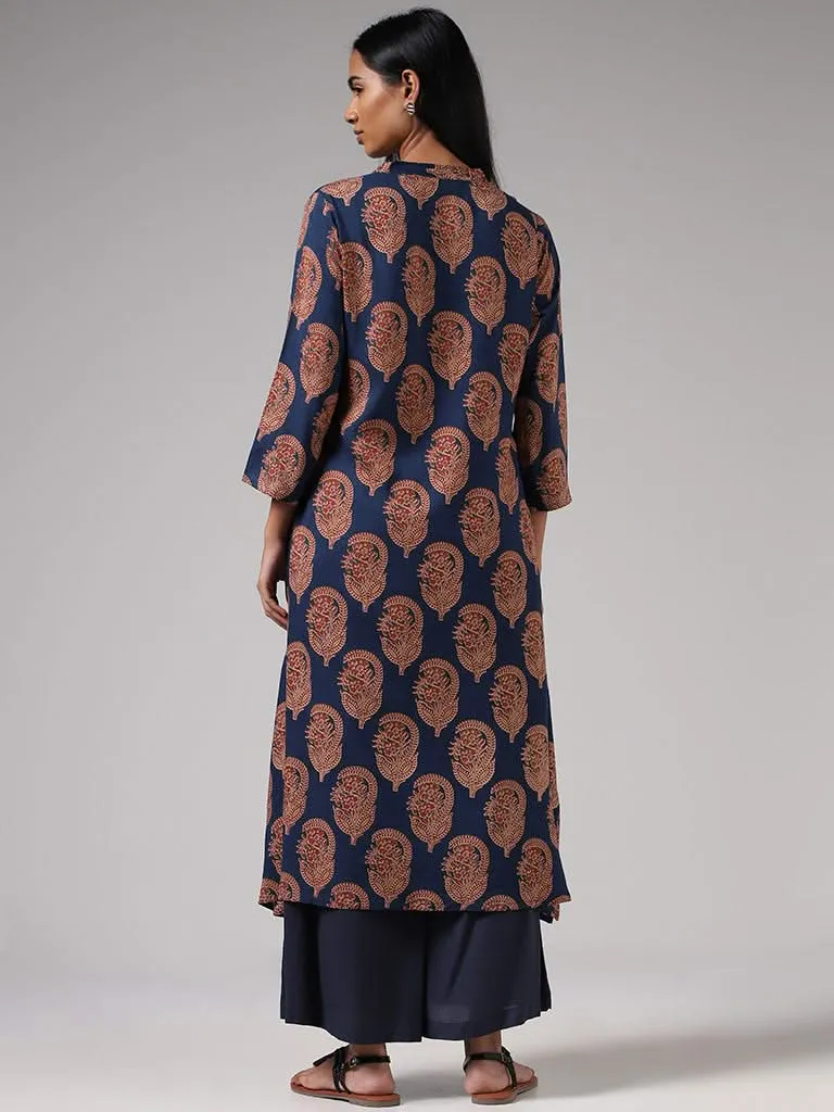 Utsa Blue Motif Printed Button Down Kurta