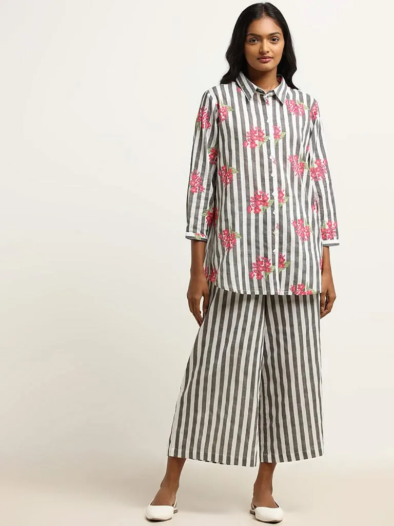 Utsa Grey Striped Blended Linen Palazzos