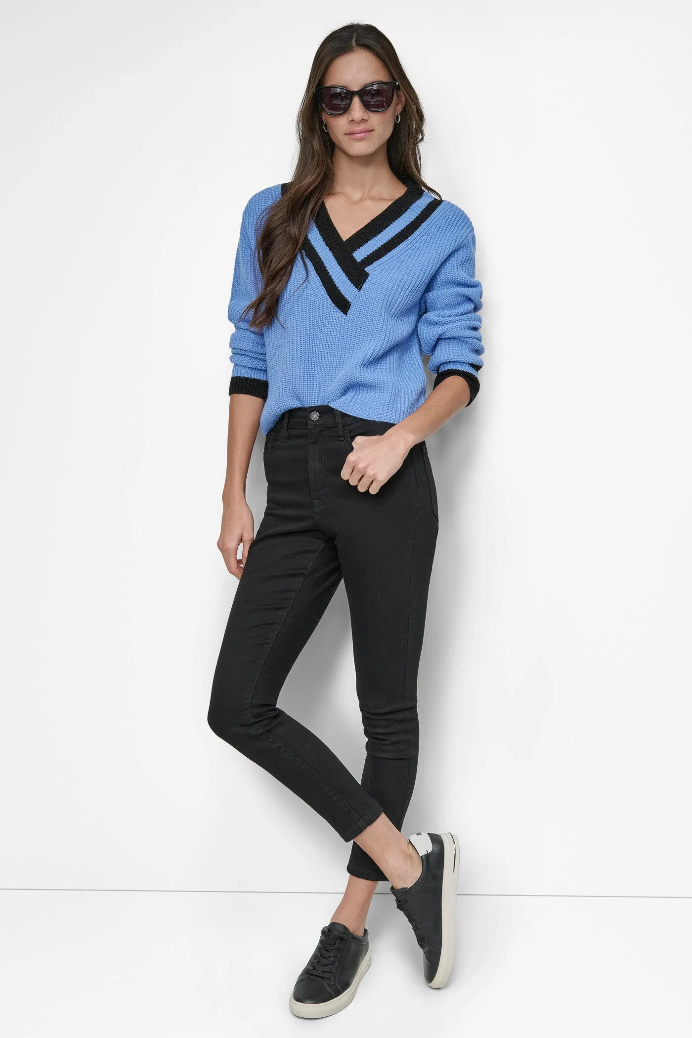 VARSITY V NECK RELAXED SWEATER