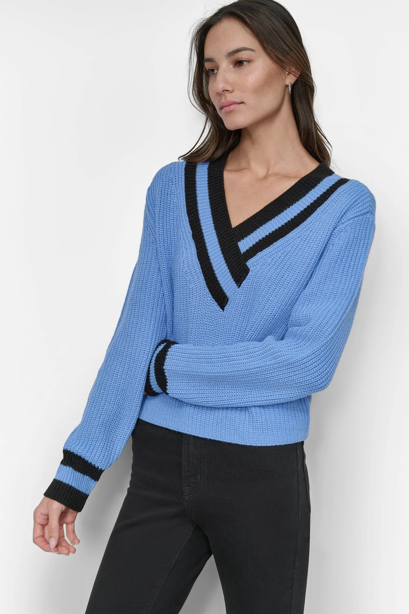 VARSITY V NECK RELAXED SWEATER