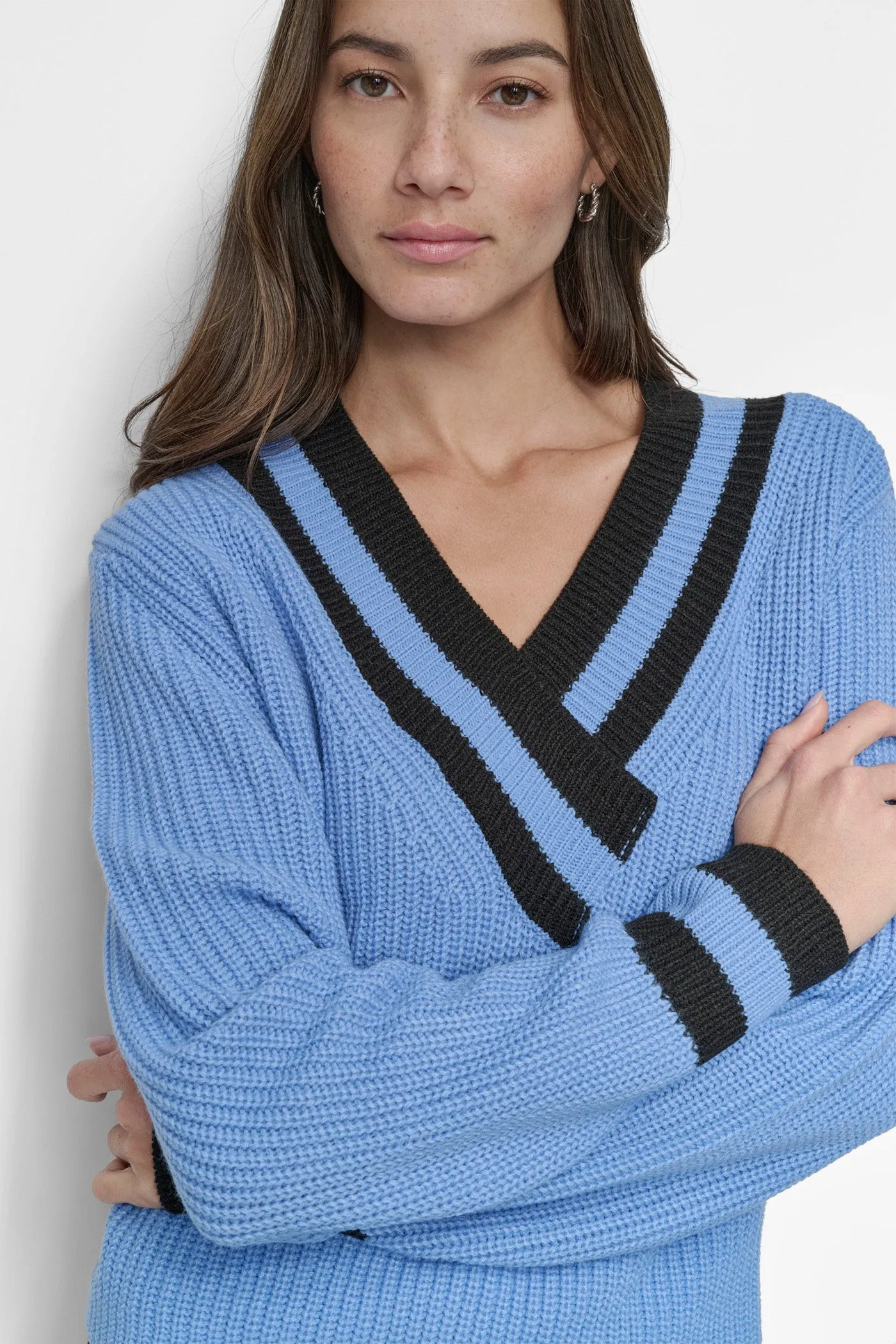 VARSITY V NECK RELAXED SWEATER