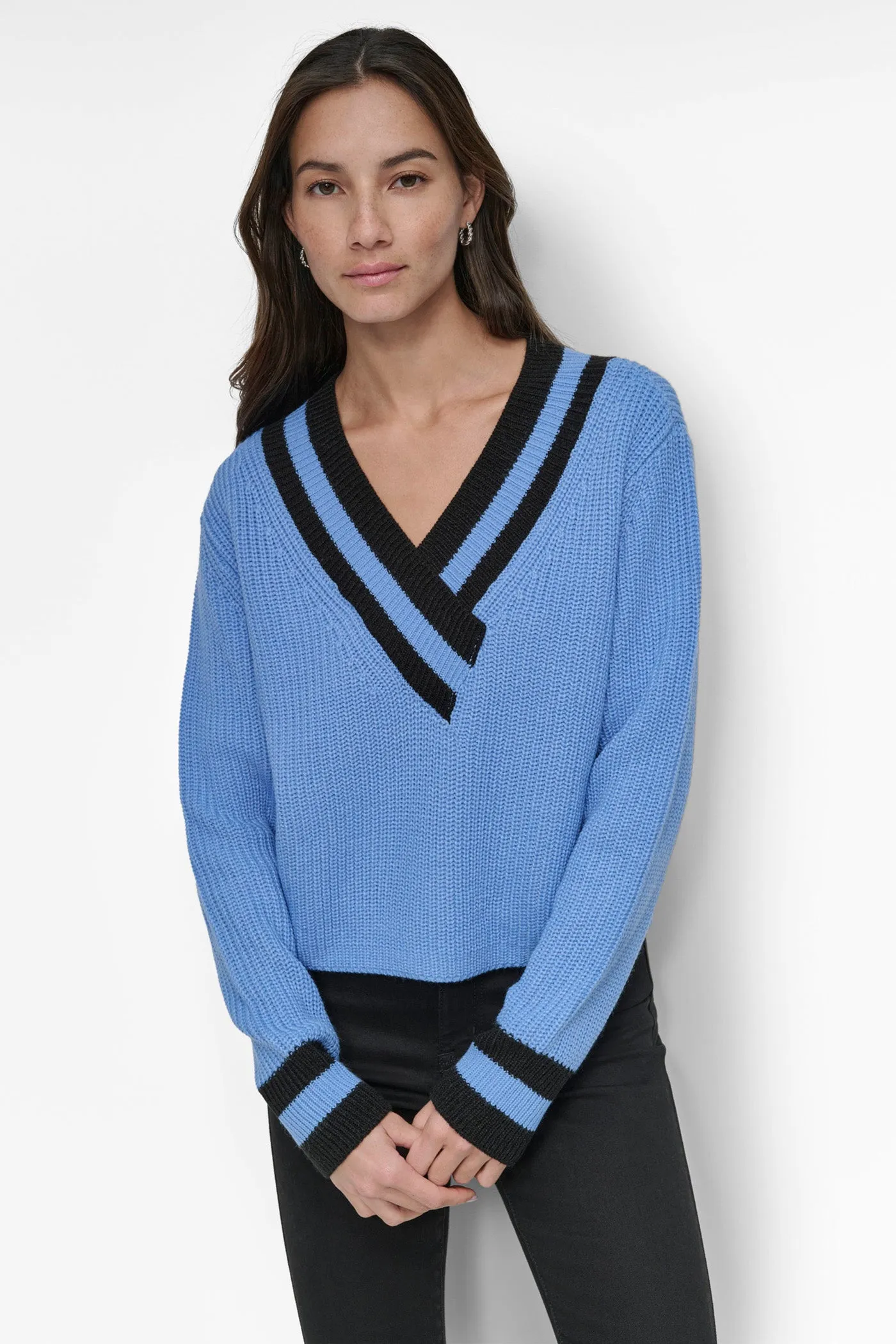 VARSITY V NECK RELAXED SWEATER