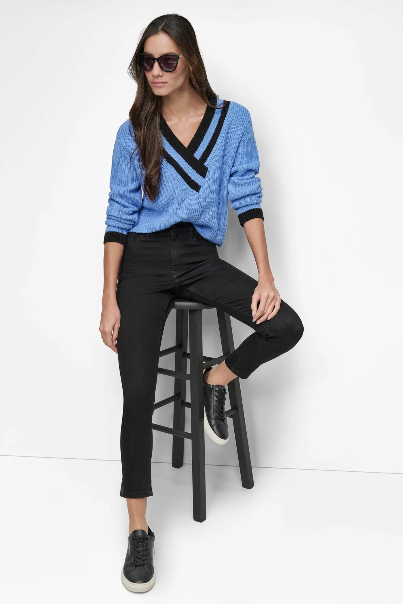 VARSITY V NECK RELAXED SWEATER