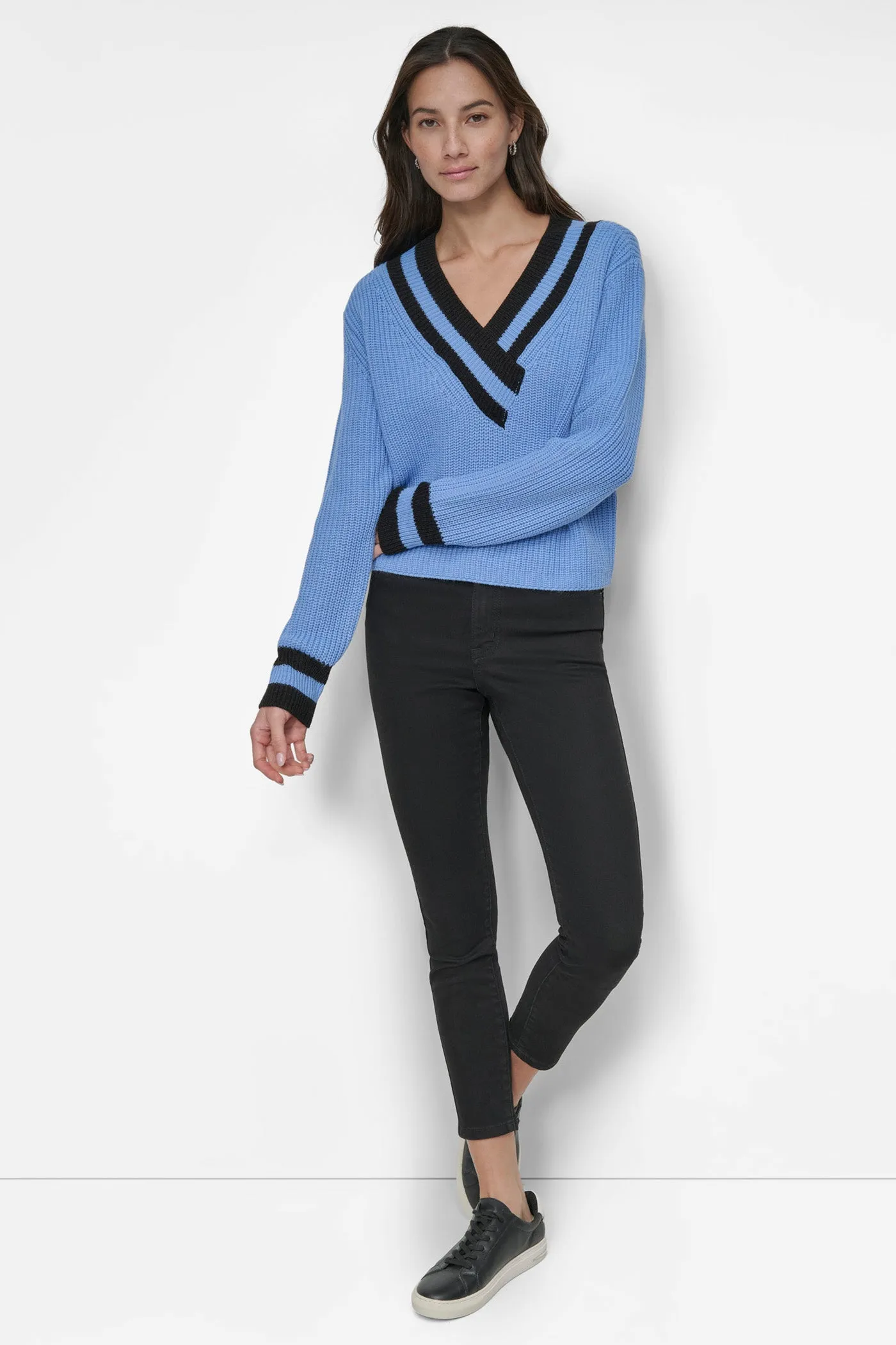 VARSITY V NECK RELAXED SWEATER