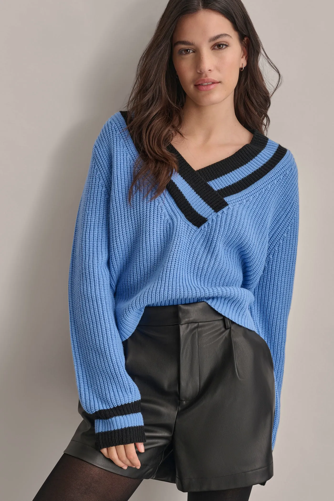 VARSITY V NECK RELAXED SWEATER