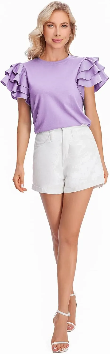 Verdusa Women's Layered Ruffle Butterfly Sleeve Round Neck Blouse Tee Top