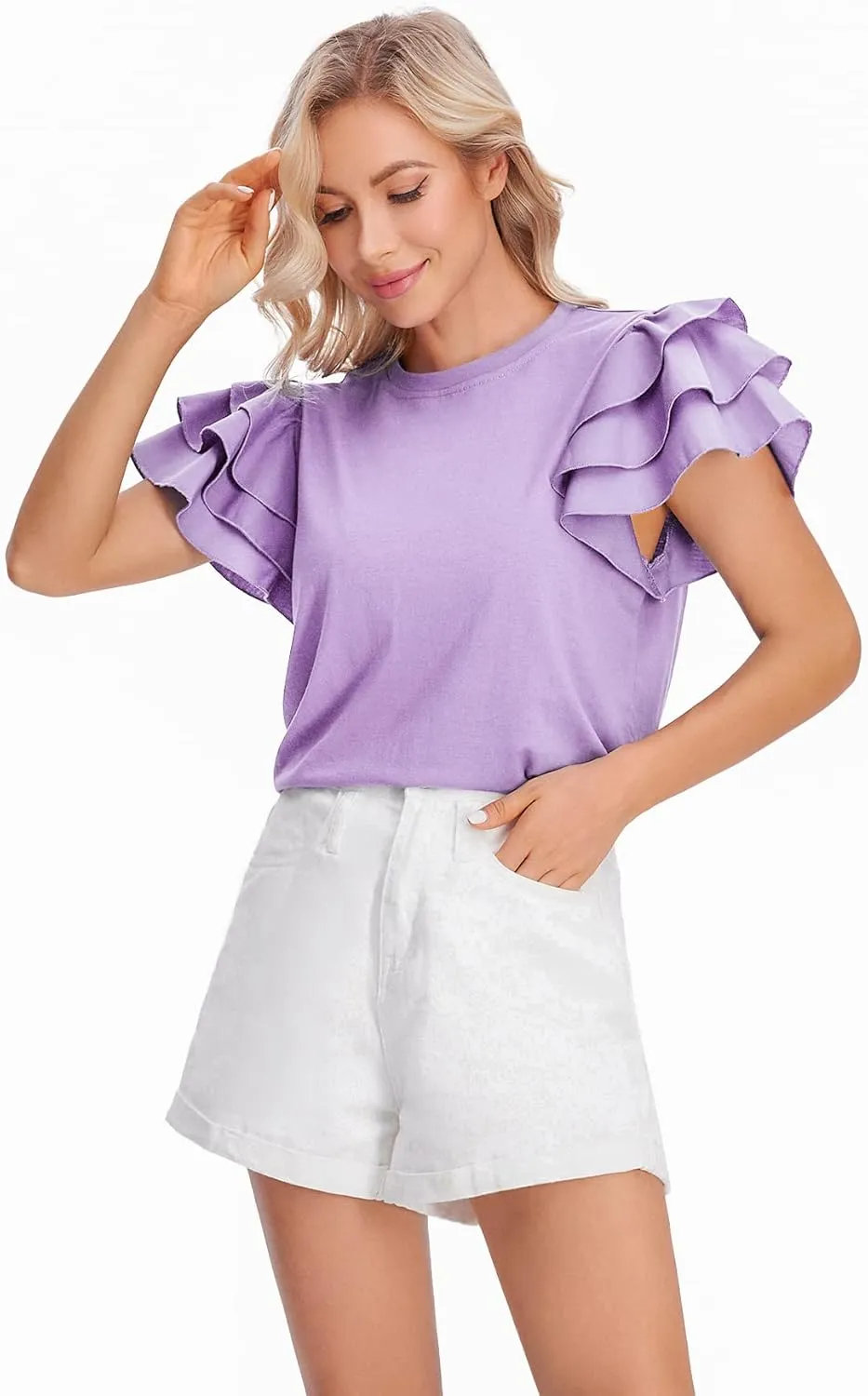 Verdusa Women's Layered Ruffle Butterfly Sleeve Round Neck Blouse Tee Top