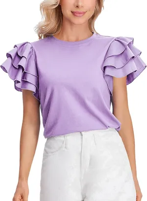 Verdusa Women's Layered Ruffle Butterfly Sleeve Round Neck Blouse Tee Top