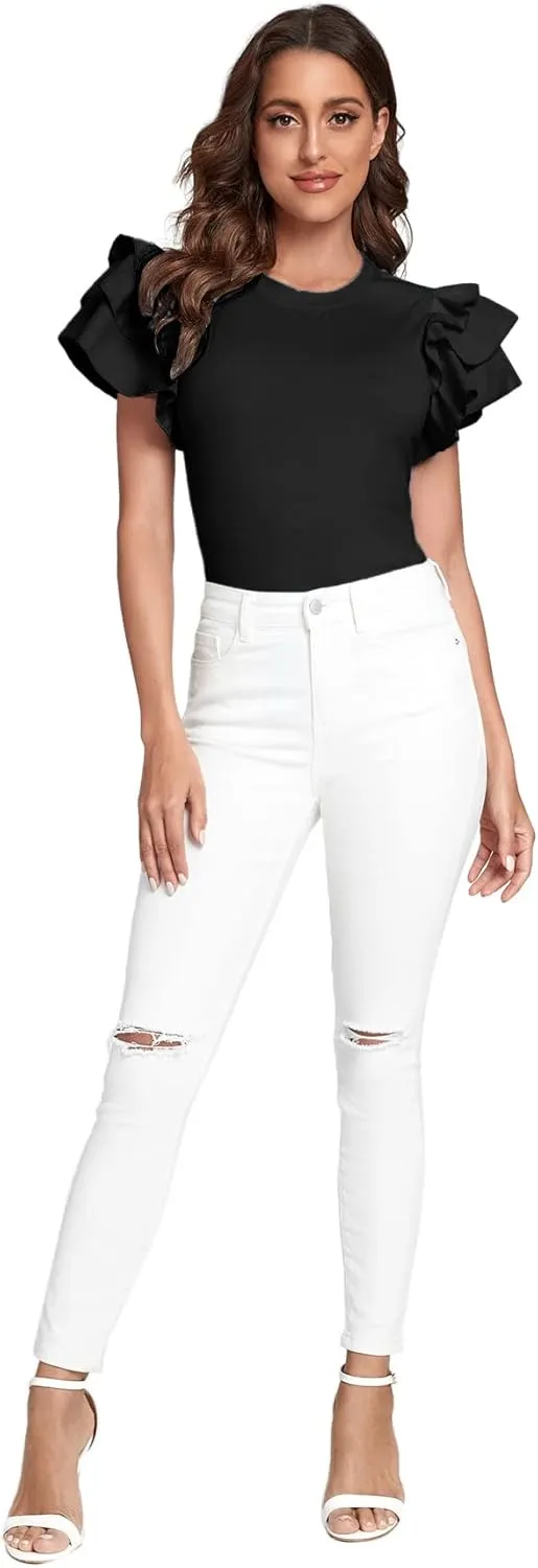 Verdusa Women's Layered Ruffle Butterfly Sleeve Round Neck Blouse Tee Top