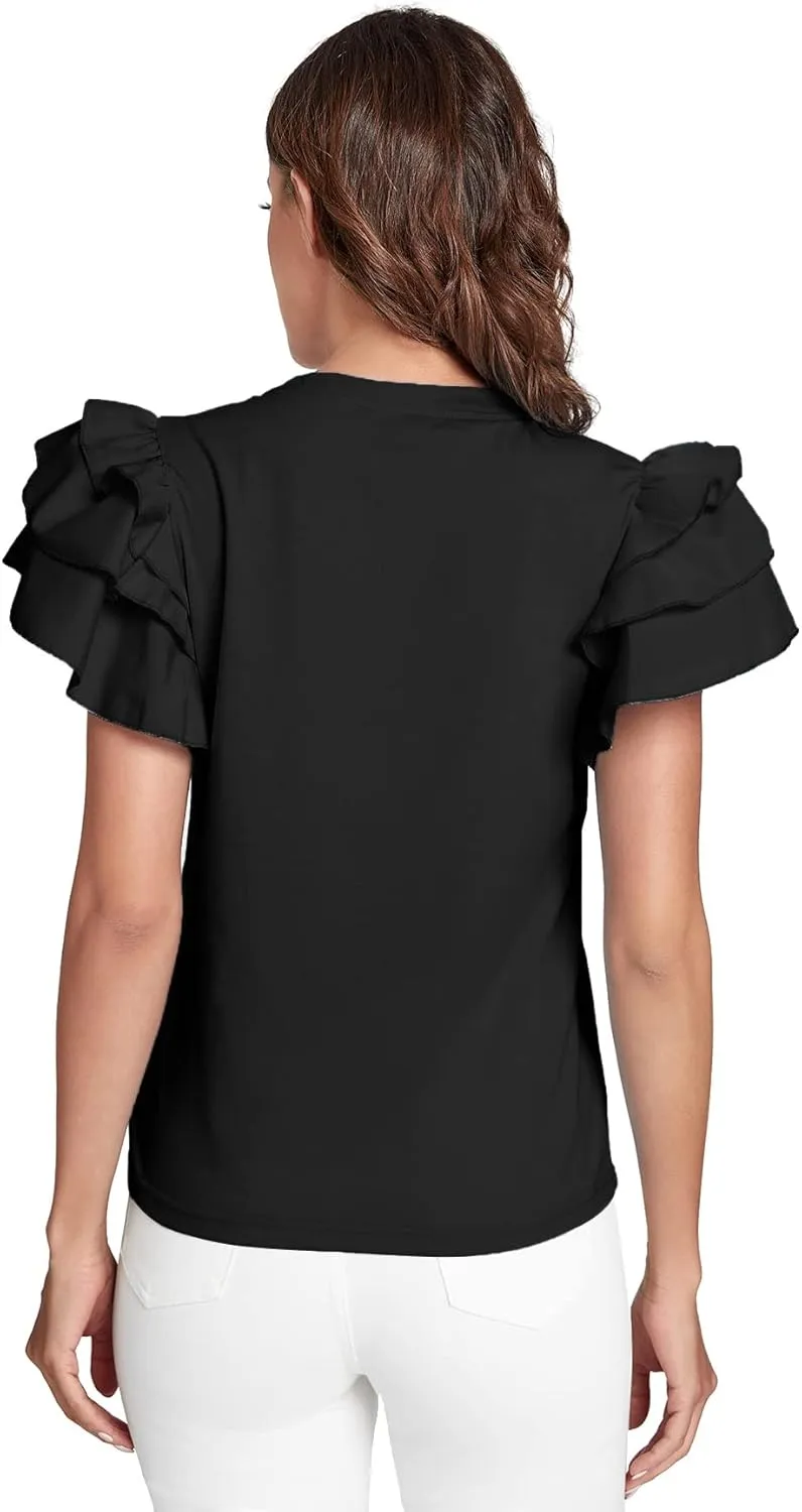 Verdusa Women's Layered Ruffle Butterfly Sleeve Round Neck Blouse Tee Top