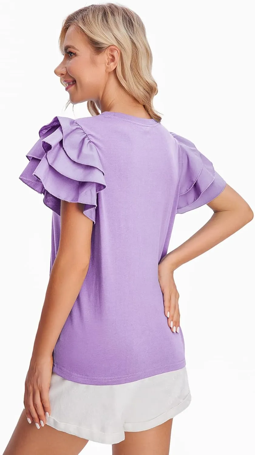 Verdusa Women's Layered Ruffle Butterfly Sleeve Round Neck Blouse Tee Top