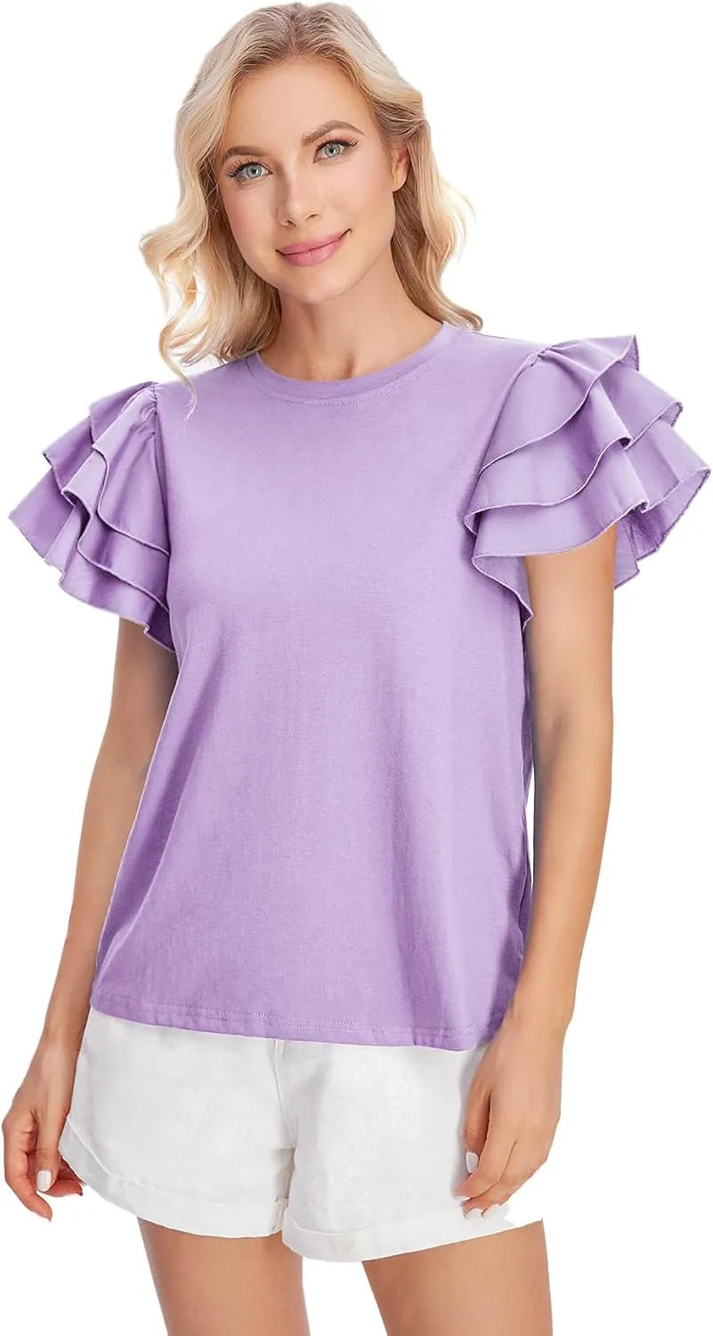 Verdusa Women's Layered Ruffle Butterfly Sleeve Round Neck Blouse Tee Top