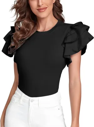 Verdusa Women's Layered Ruffle Butterfly Sleeve Round Neck Blouse Tee Top