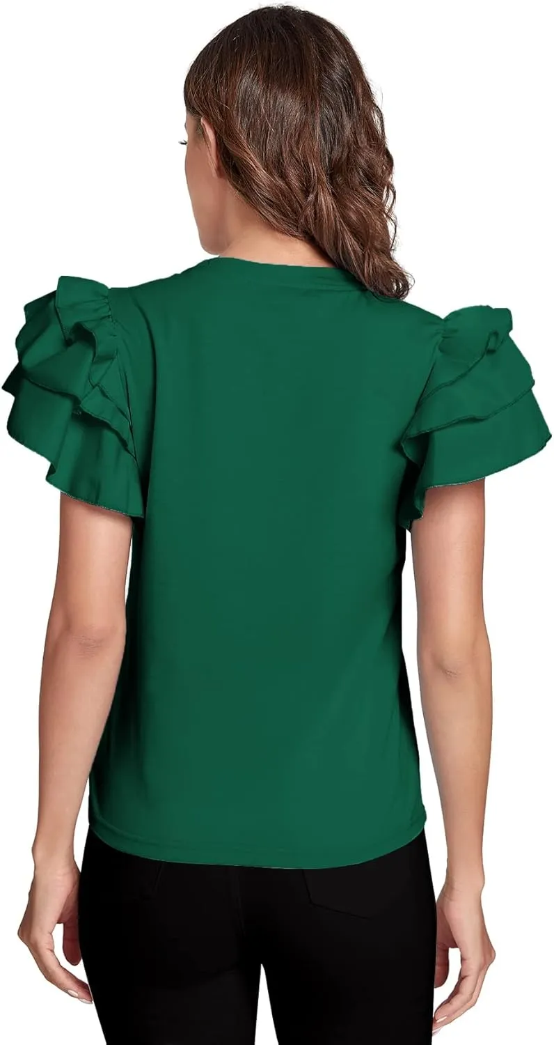 Verdusa Women's Layered Ruffle Butterfly Sleeve Round Neck Blouse Tee Top