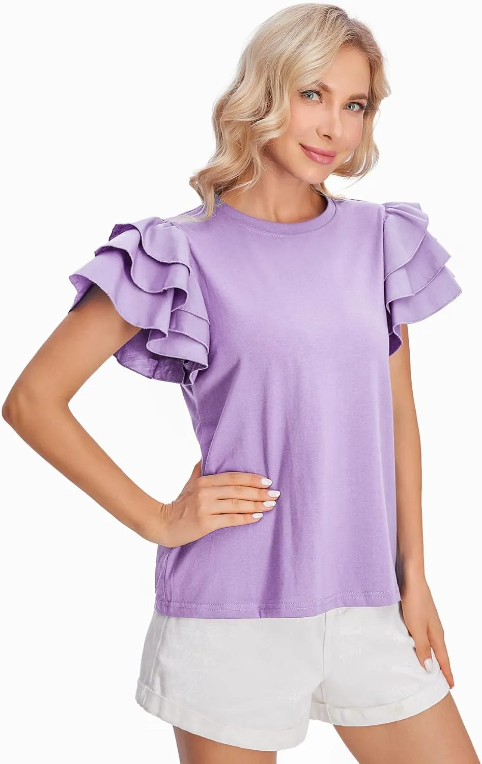 Verdusa Women's Layered Ruffle Butterfly Sleeve Round Neck Blouse Tee Top
