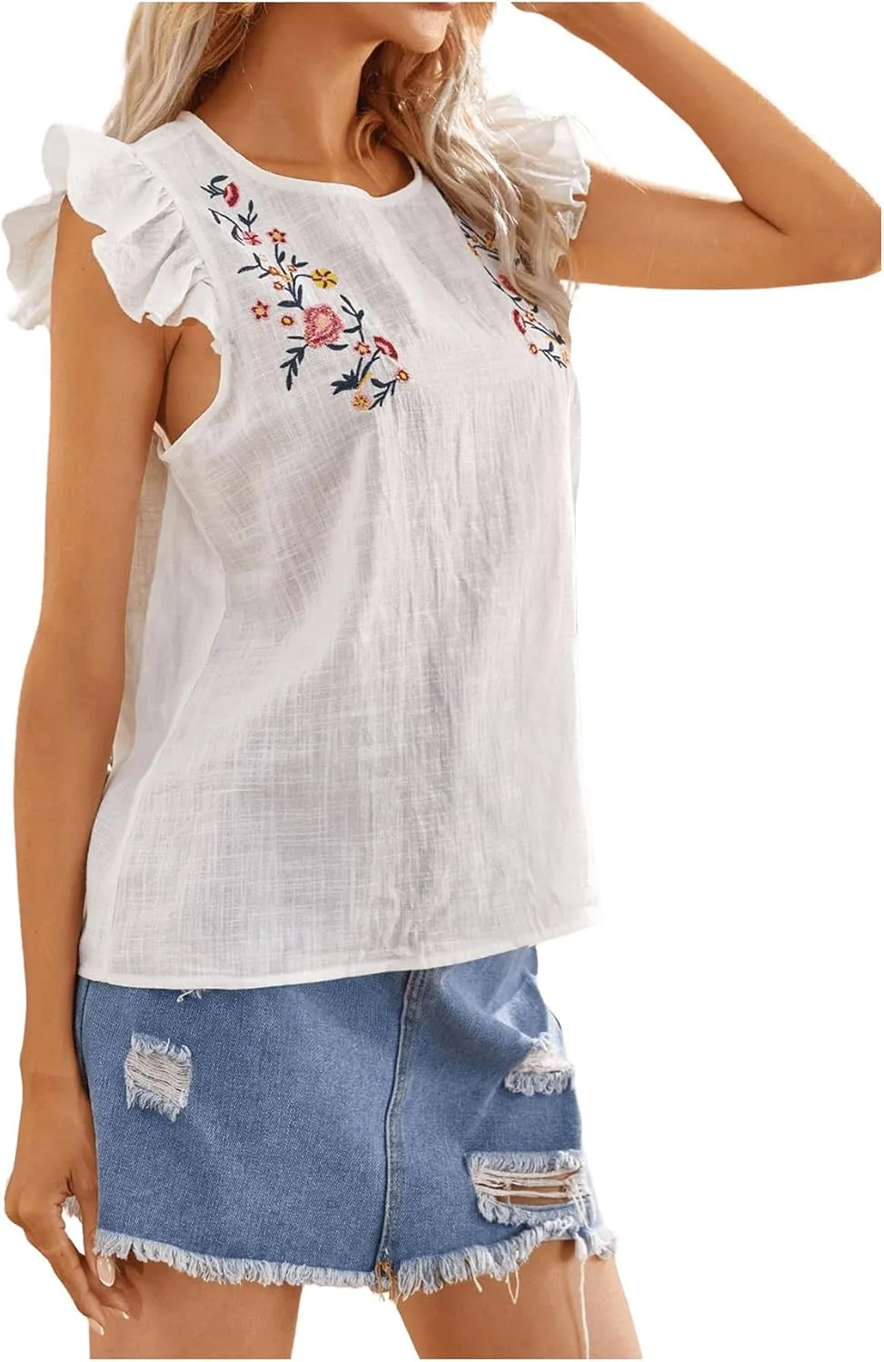 WDIRARA Women's Floral Embroidery Round Neck Ruffle Cap Sleeve Top Summer Casual Blouse