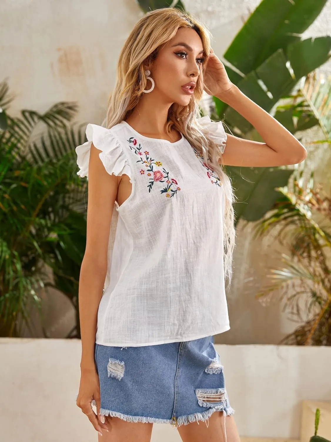 WDIRARA Women's Floral Embroidery Round Neck Ruffle Cap Sleeve Top Summer Casual Blouse