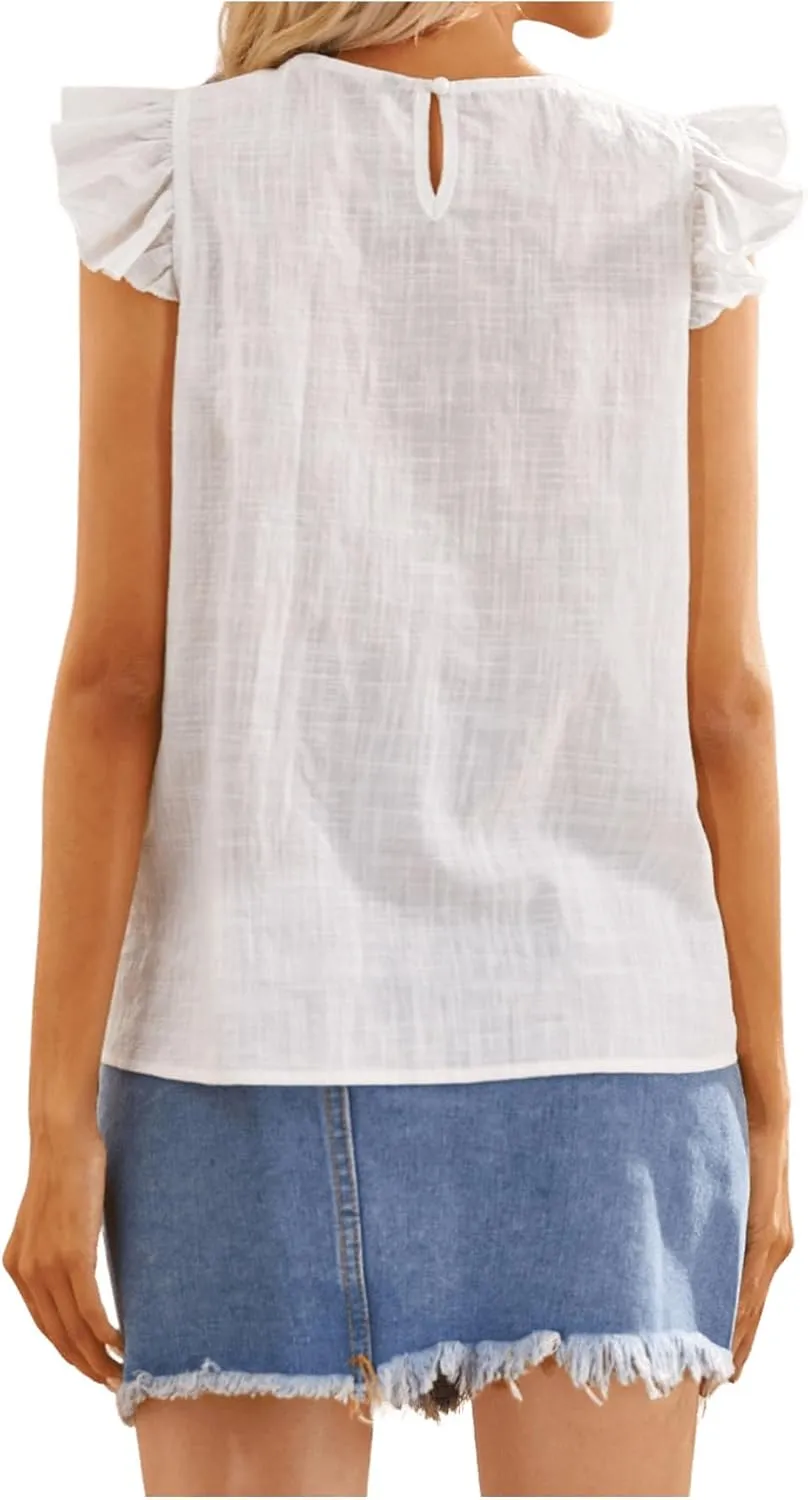 WDIRARA Women's Floral Embroidery Round Neck Ruffle Cap Sleeve Top Summer Casual Blouse