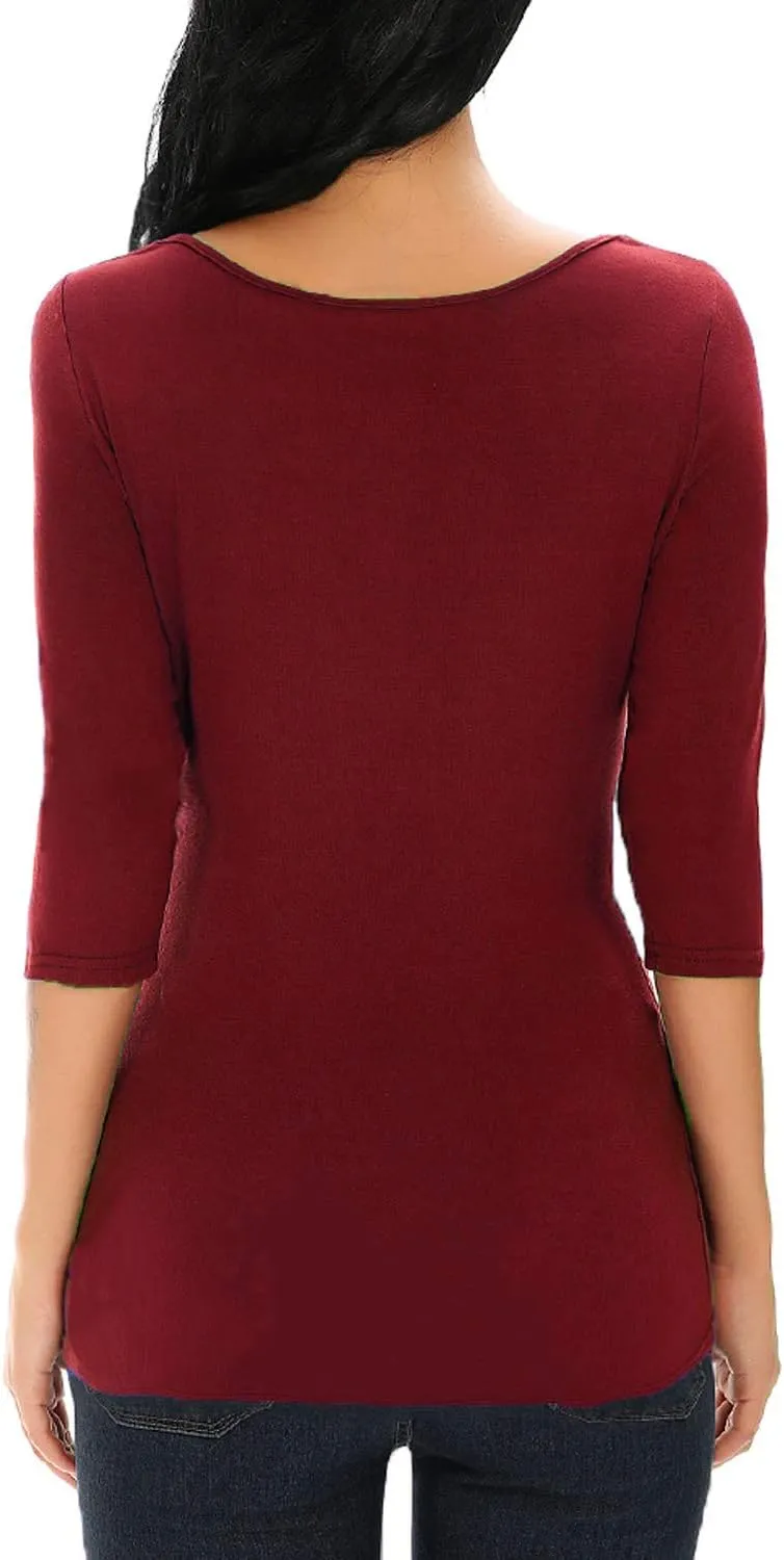 Women's 3/4 Sleeve Tops Square Neck Soft Stretch Slim Fit Tee Shirts